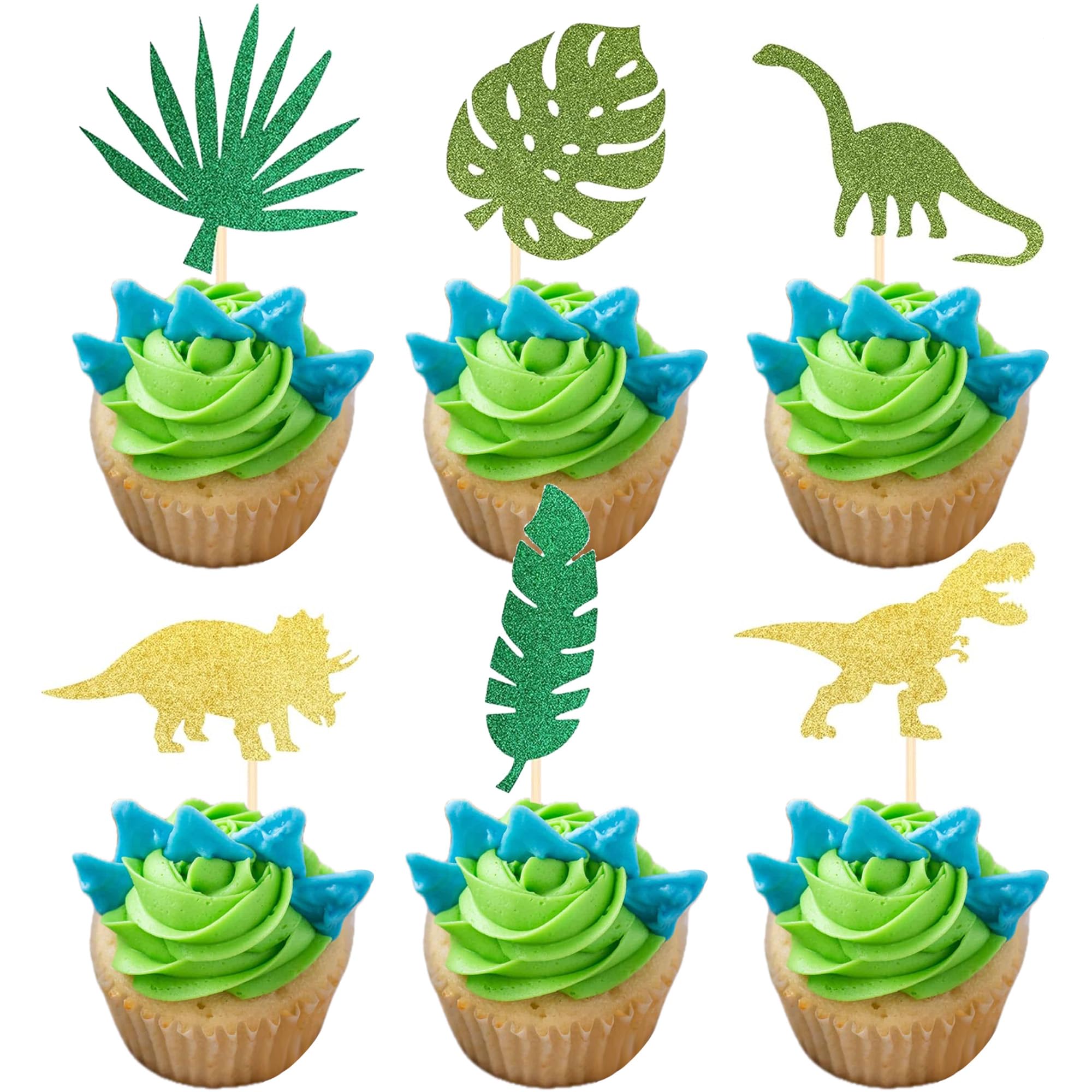 24 Stück Dinosaurier-Cupcake-Topper – Glitzernd, Mit Palmblättern & T-Rex, Für Mottopartys