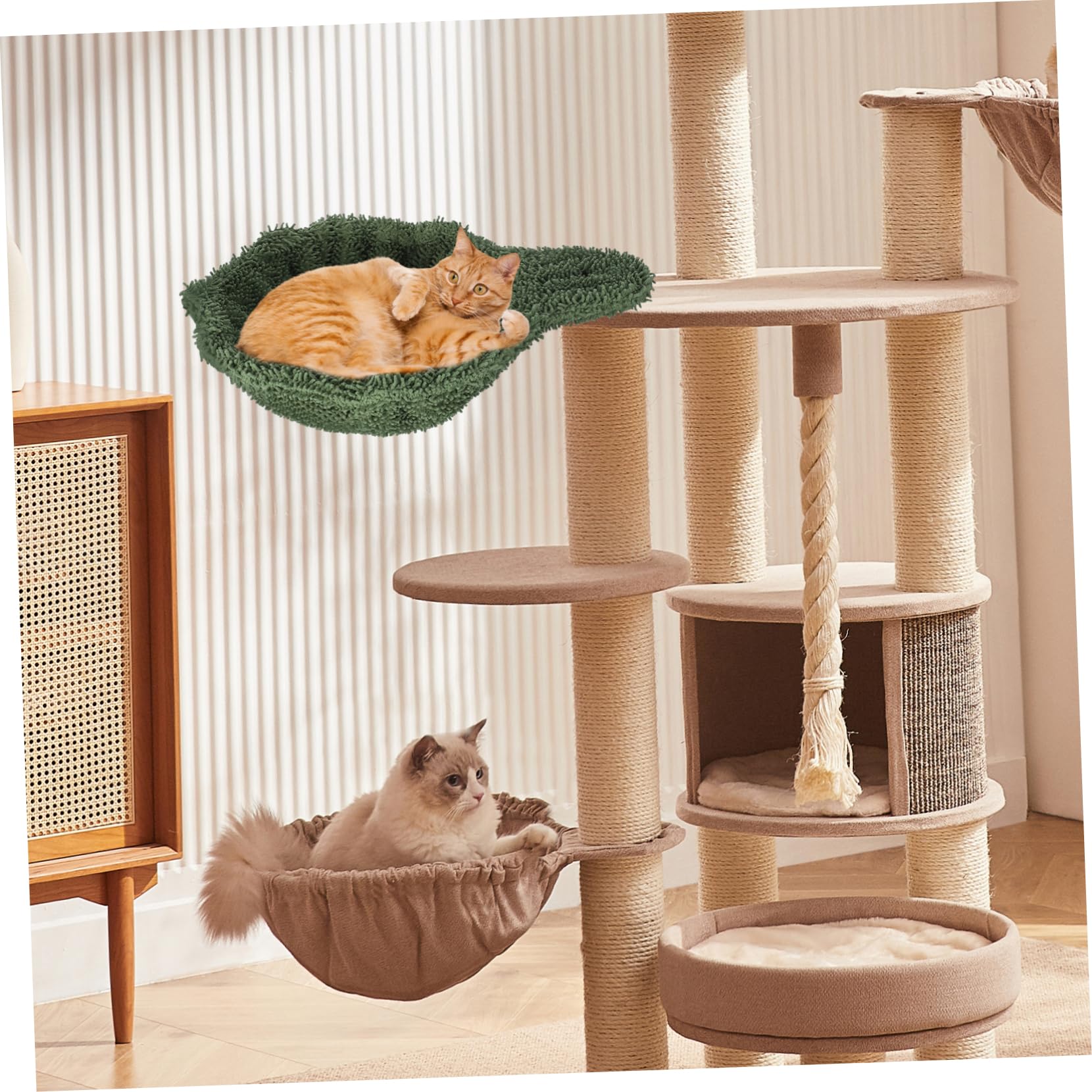 WOONEKY Nido Sospeso per Gatti da Interno in Flanella Verde Struttura in Acciaio, Amaca Elegante Multifunzionale Facile da Installare per Grandi Felini