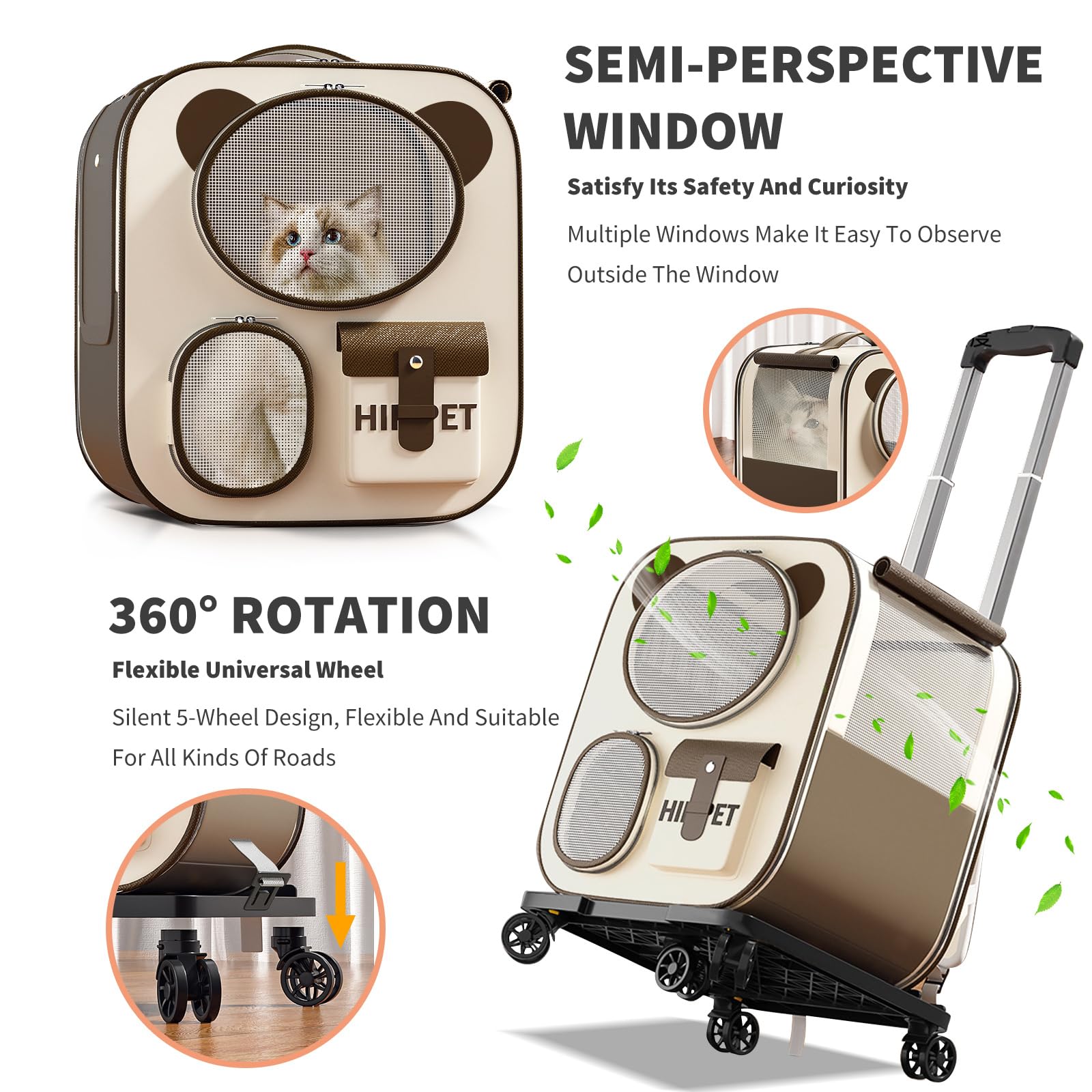 PETCUTE Transportín para Mascotas con Ruedas,Carga de 12.5 kg,Mochila para Perros con Asa Telescópica,Mochila Plegable para Gatos con Alfombrilla Extraíble,para Viajes/Senderismo,Marrón