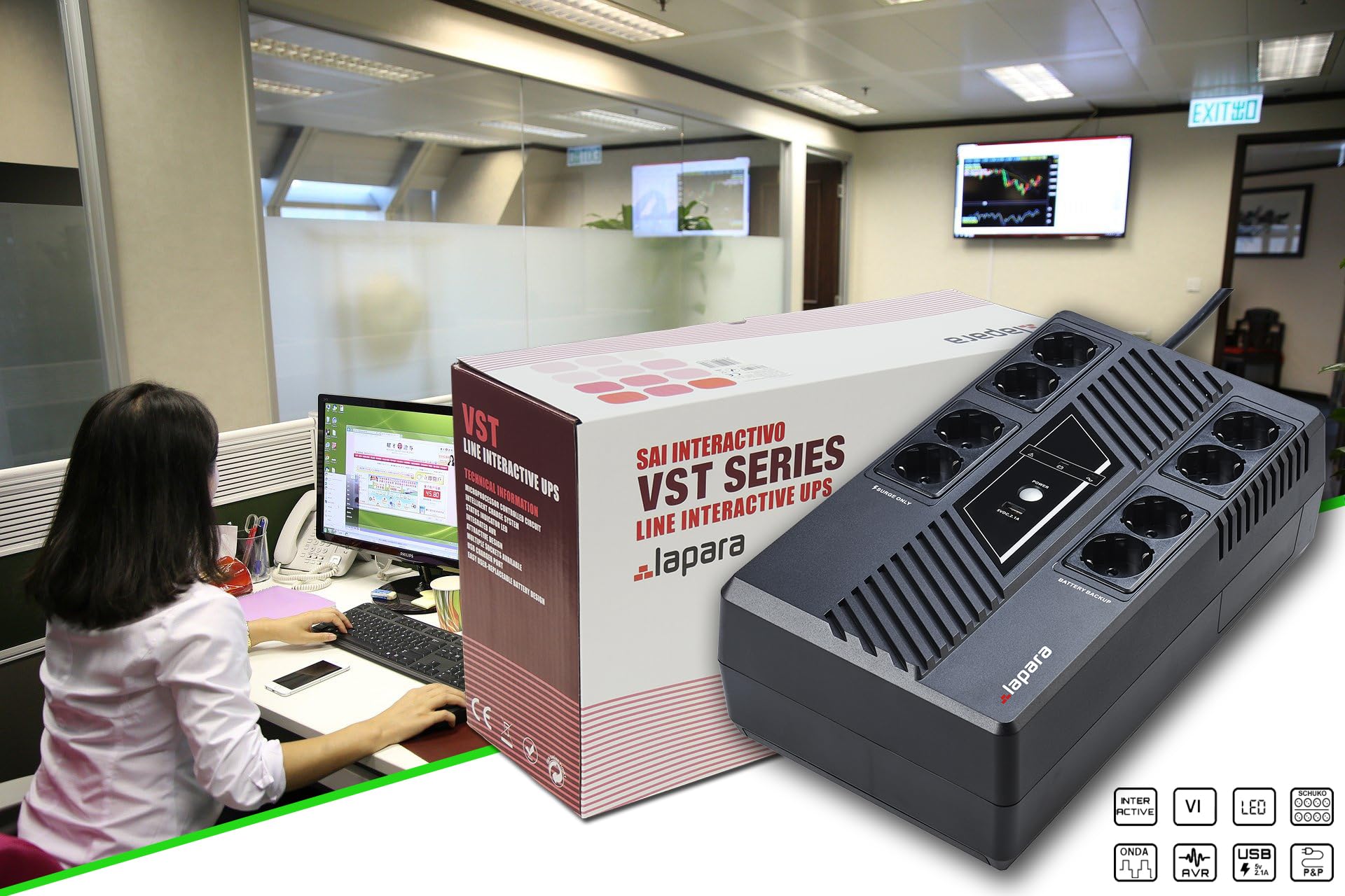 Lapara LA-VST-900RG Sistema de Alimentación Ininterrumpida SAI 900VA 480W Interactivo con AVR y Control microprocesador USB de Carga.