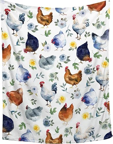 Manta de franela súper suave con diseño floral de pollos para sofá, cama, edredones de cama cálidos y acogedores para decoración del hogar para