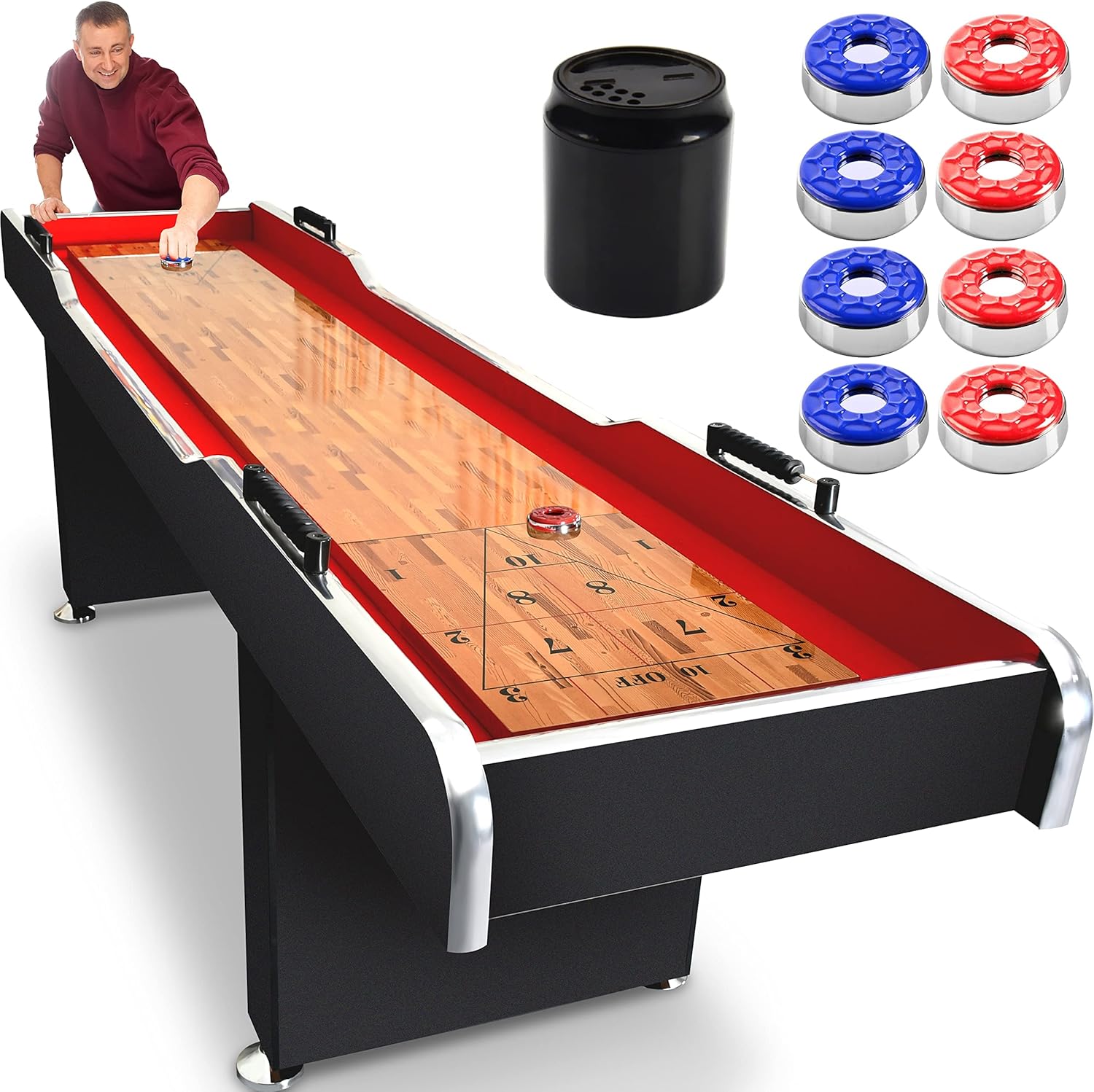 Shuffleboard Table, 9ft Poly Coated Surface, with Accessories, Abacus Style Scoring