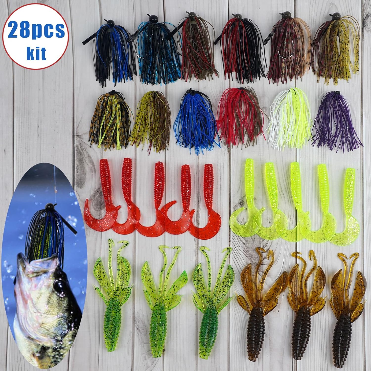 Bass Fishing Lures Kit Include Weedless Football Swim Jigs, Spinner Bait Skirts, Craw Soft Plastic Worms Grub Bait Set Fishing Lures for Bass Trout