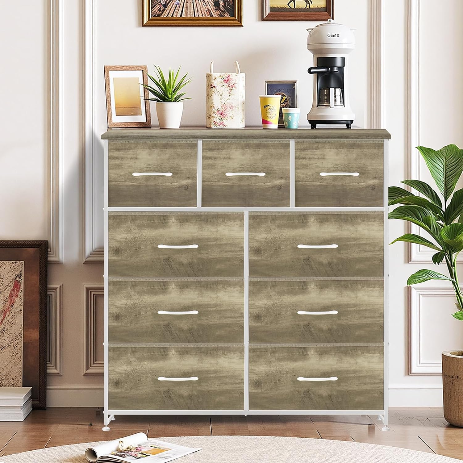 9-Drawer Dresser for Bedroom, Anti-Tip Tall Storage Organizer Chest of Drawers with Wooden Top and Metal Frame Fabric Bins for Closet, Living Room, Hallway, Entryway, Greige Oak Greige Oak 11.8"D x 39.4"W x 40"H (9 Drawers)