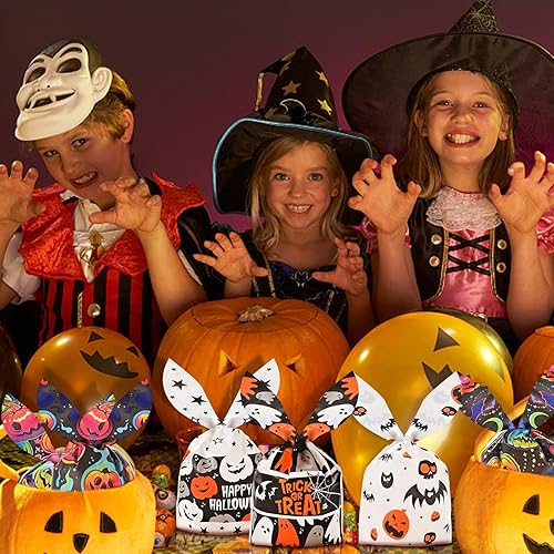 Miniatura 6 de AhfuLife 120 bolsas de dulces de Halloween, 6 diseños de bolsas de golosinas de Halloween para niños para dulce o truco, pequeñas orejas de conejo