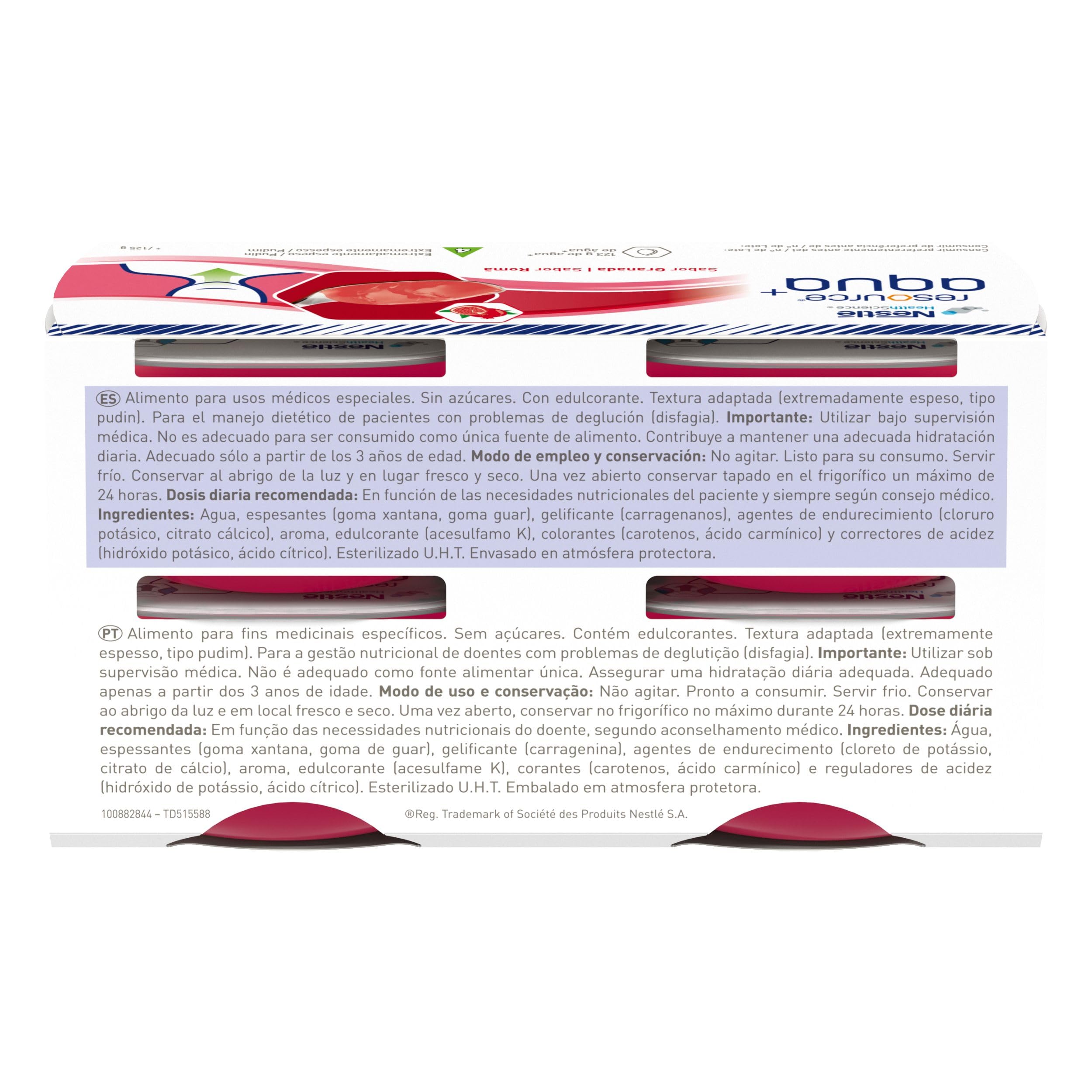RESOURCE AQUA+ GELIFICADA, Sabor Granada, Hidratación Segura para Personas con Disfagia, Textura Tipo Pudin, Fácil Ingesta, Sin Gluten ni Sacarosa, Paquete de 4 unidades x 125 gr
