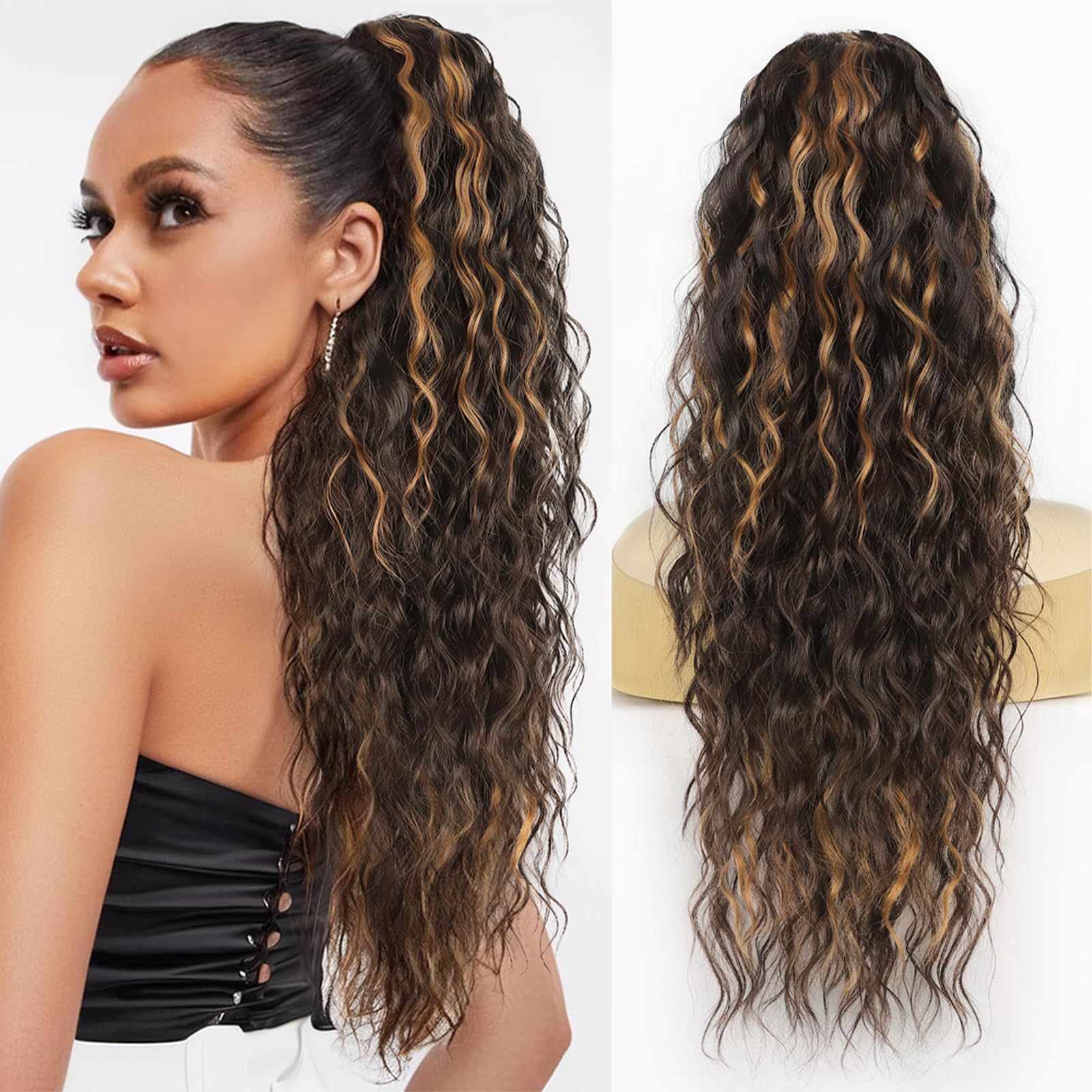 Rosooi 26 Inch Long Brown with Caramel Blonde Drawstring Ponytail Extension for Women Synthetic Long Curly Wavy Clip in Ponytail Hair Extensions for