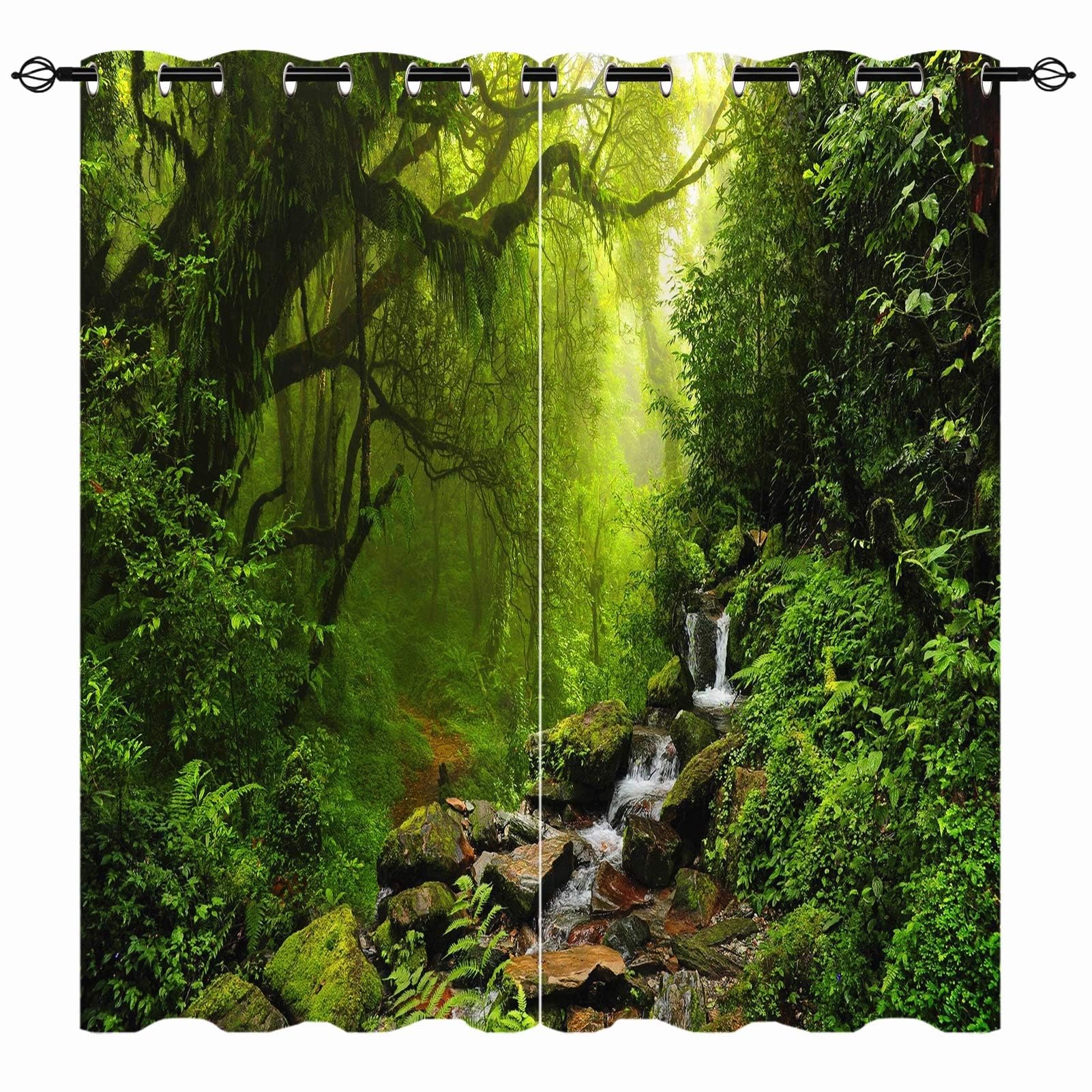 YUANZU Nature Curtains - Forest Jungle Rainforest Scenery Waterfall Green Tree Leaf Print Pattern Eyelet Blackout Thermal Room Darkening Window Drapes for Bedroom Living Room 2 Panels W106cm x D160cm โ image 1