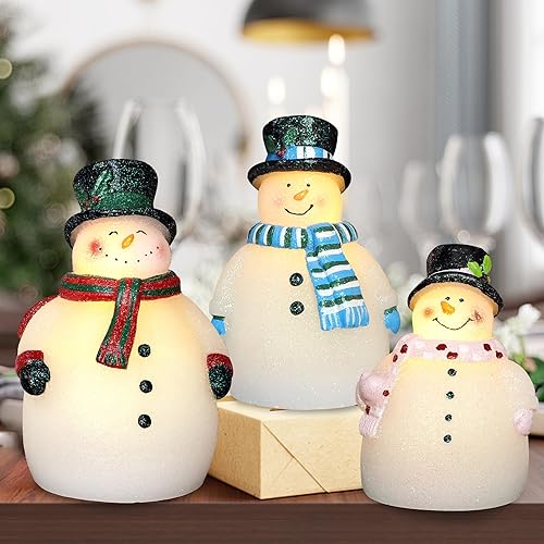 Miniatura 7 de GORGE MOMENT Juego de 3 velas de Navidad que funcionan con pilas mechas LED parpadeantes sin llama árboles de muñeco de nieve decoraciones para mesa