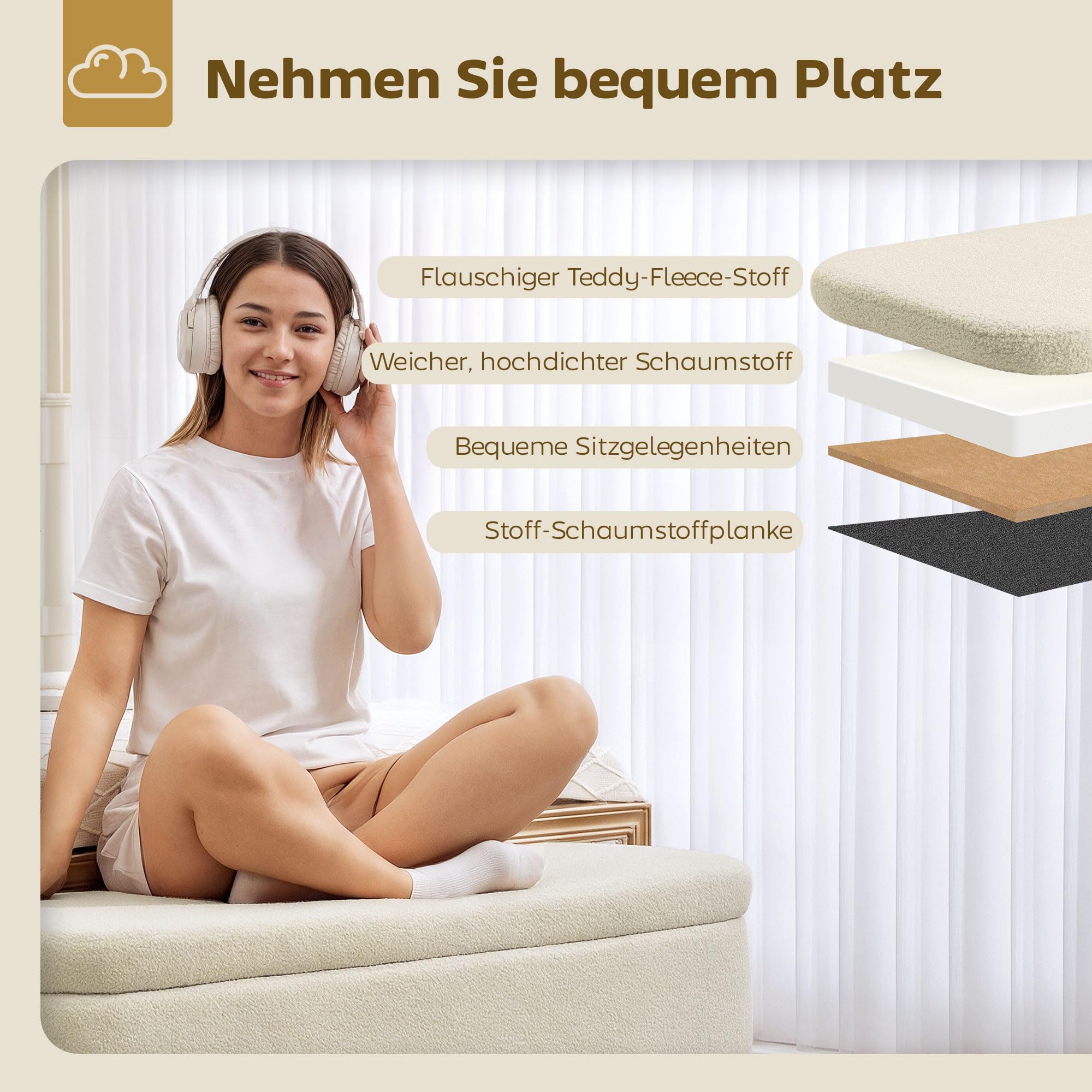 HOMCOM Sitzbank mit Stauraum Polsterbank Holzbeine 120x42x45 cm Beige | Teddy-Fleece-Optik, Truhenbank Sitztruhe, Bettbank, Wohnzimmer, Schlafzimmer, Flur