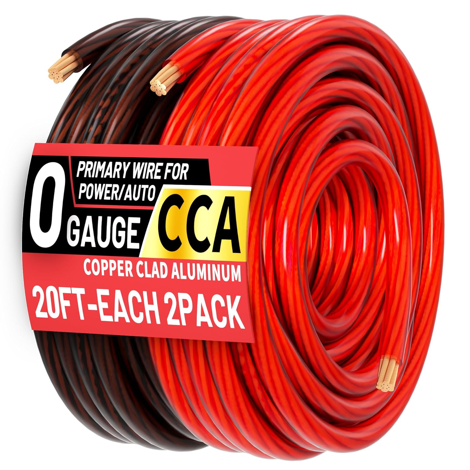 0 Gauge Wire (20FT Black + 20FT Red) Red Copper Clad Aluminum CCA Battery Cable, Primary Power/Ground Cable for Car Audio Speaker, RV Trailer, Amp, Marine, Solar Equipment, Translucent Jacket