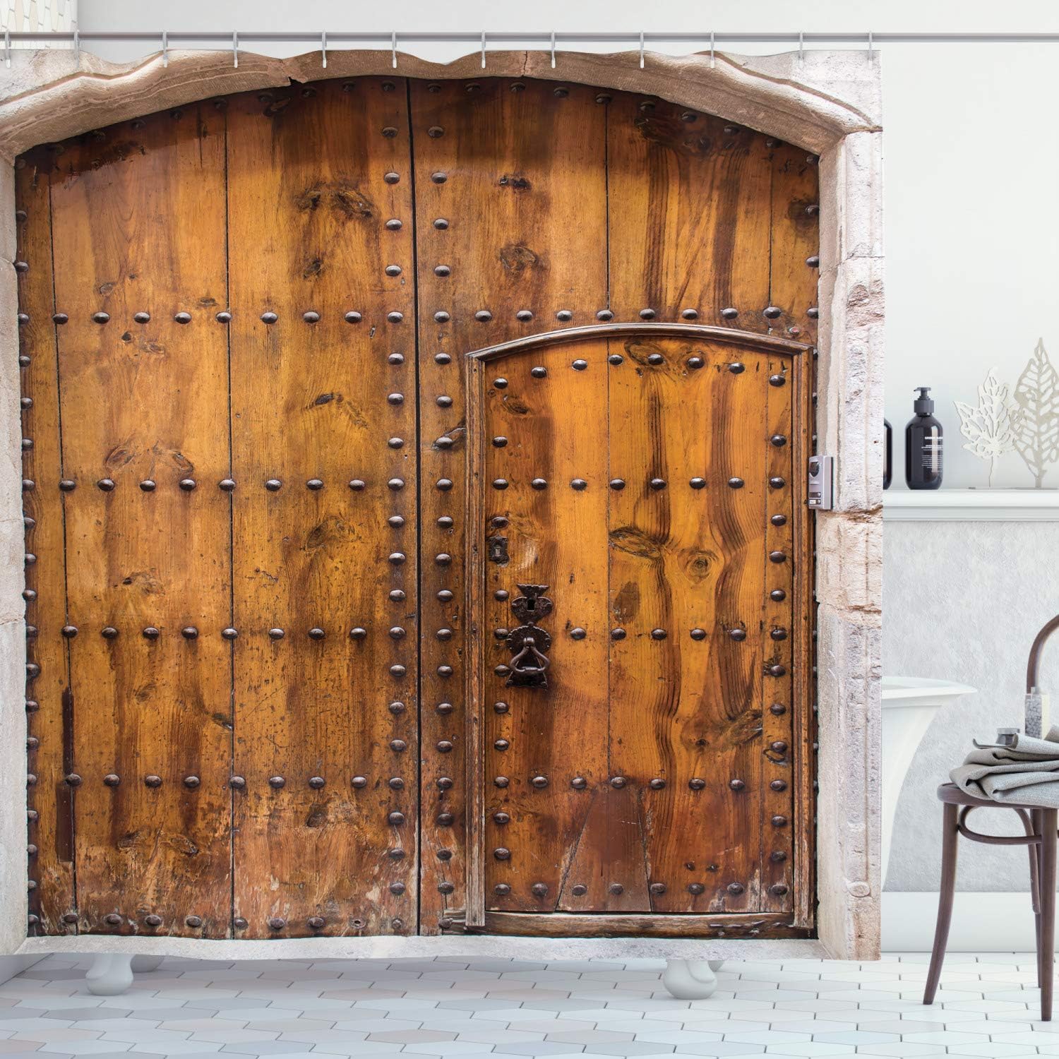 Ambesonne Rustic Shower Curtain, Old Door Outdoors from House Closed Doorway Classic Handmade Artwork Picture, Cloth Fabric Bathroom Decor Set with Hooks, 69" W x 70" L, Coffee Brown