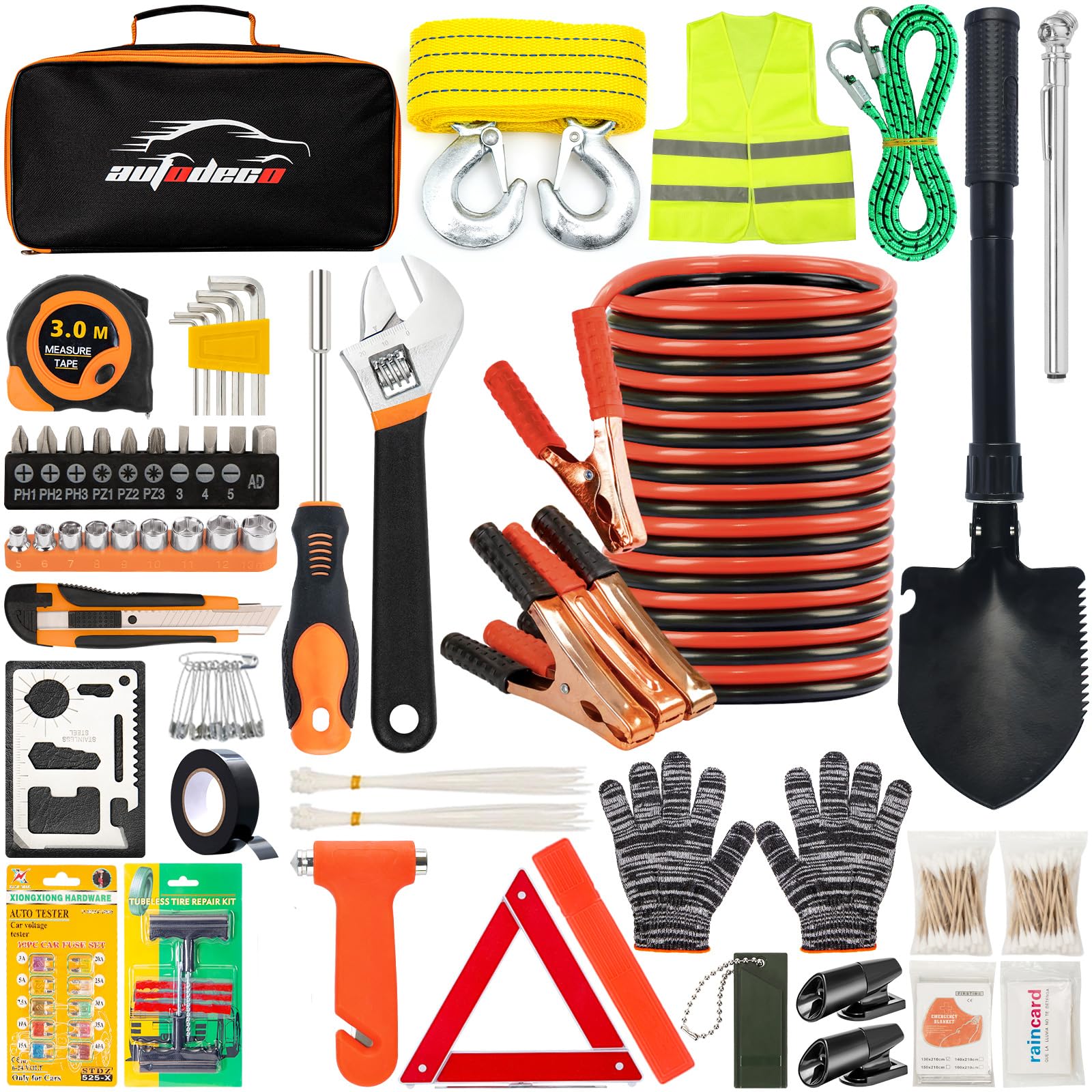 AUTODECO 82Pcs Car Roadside Emergency Kit with Jumper Cable - Automotive Safety Kit with Shovel