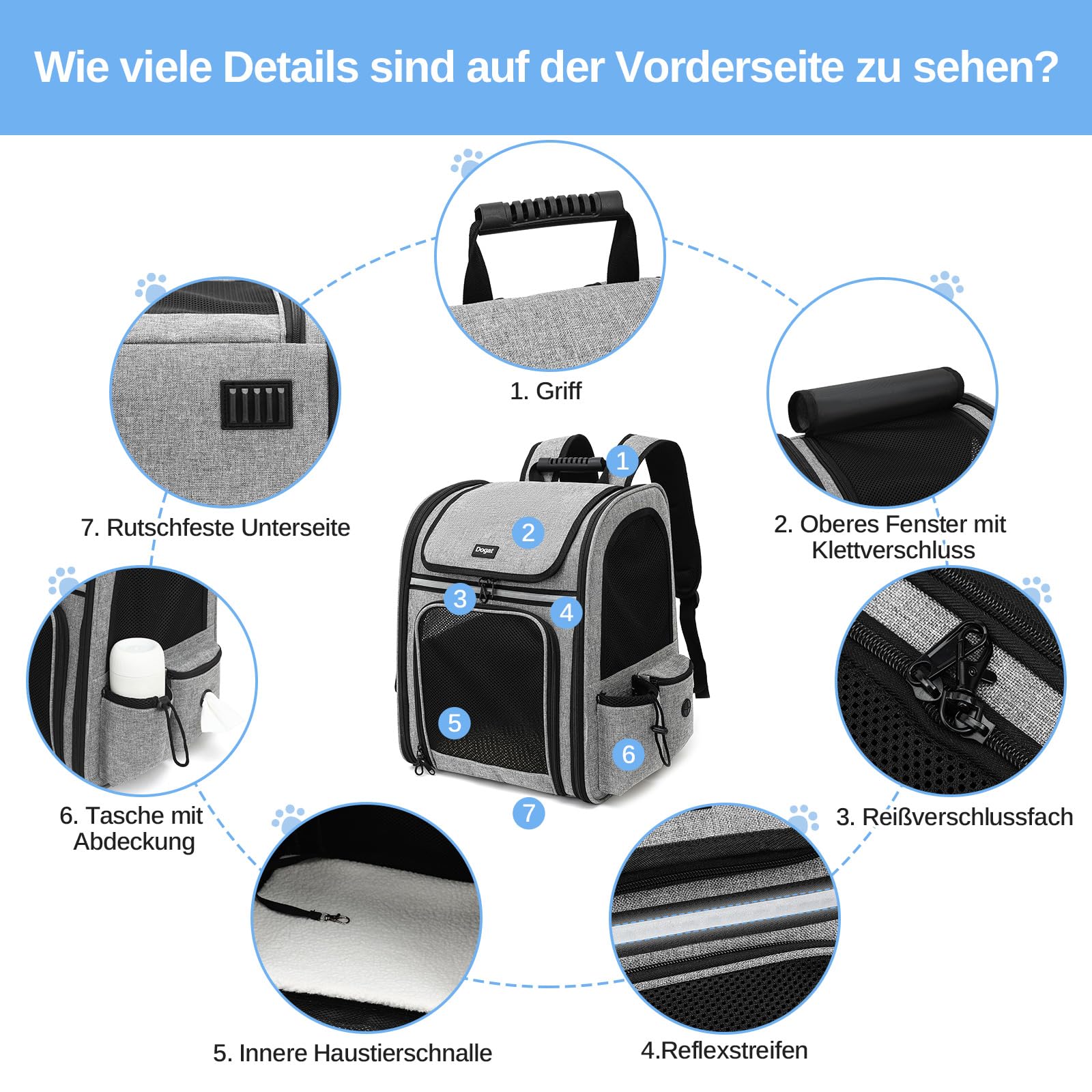Erweiterbar Katzenrucksack mit Netzfenster, Tragbare und Faltbare Haustier Rucksack mit Innerer Sicherheitsleine und Haustierunterlage für Katzen Hunde bis 17 lbs (8 kg) Wandern, Walken (Grau)