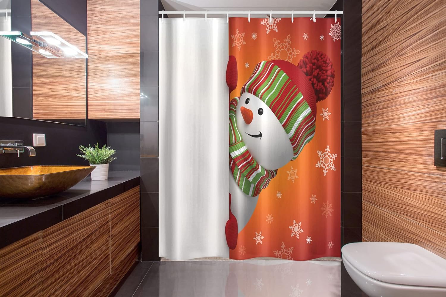 Ambesonne Christmas Stall Shower Curtain, Modern Snowman Illustration and Hat Scarf New Year Celebration Design Xmas Joy, Fabric Bathroom Decor Set with Hooks, 54" W x 78", White Orange