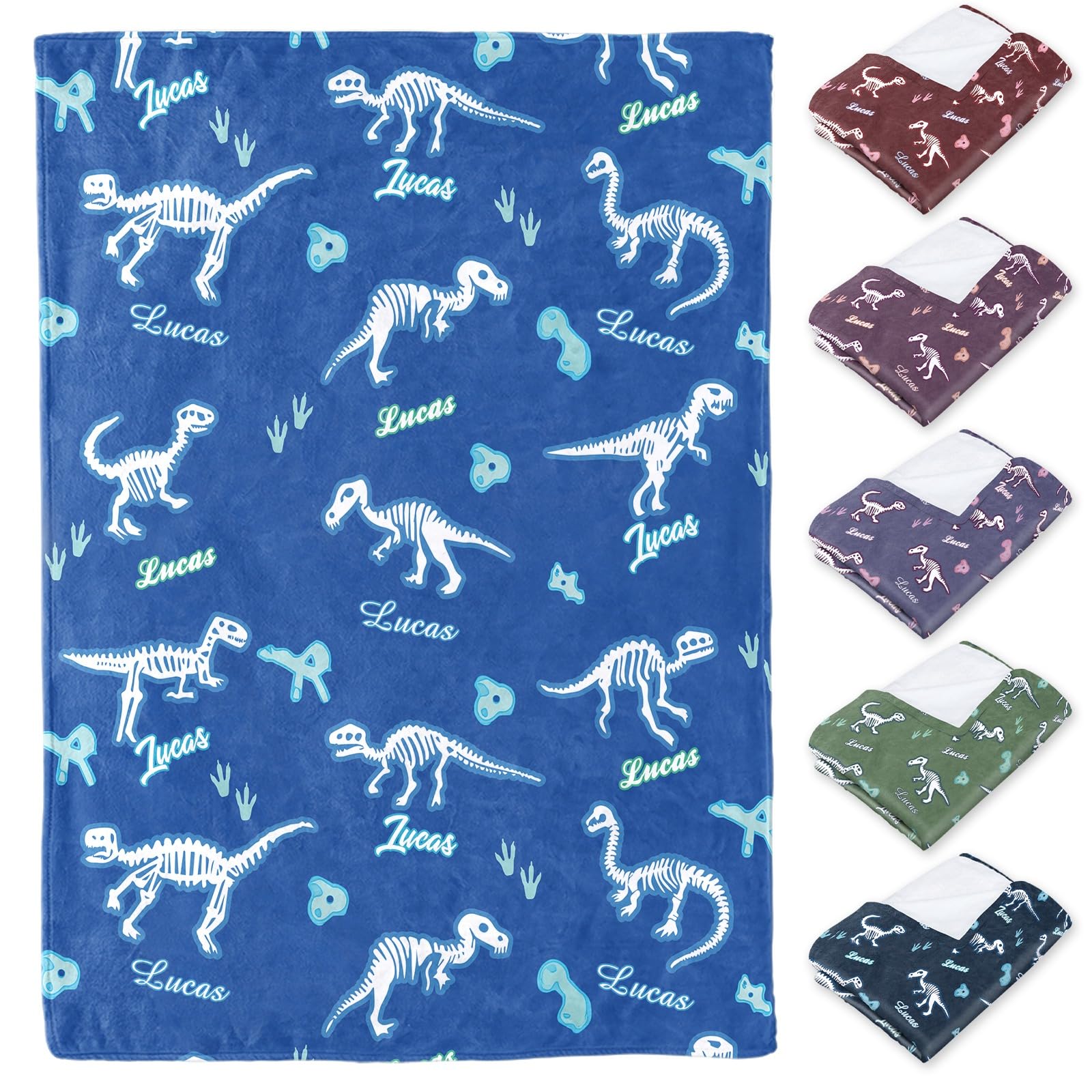 Greenyre Personalised Baby Blanket with Name, Soft Cozy Fleece Throw Blankets for Boy Newborn Toddler Kids, Customized Gifts for New Mom Baby Shower, Christmas Stocking Stuffers (Dinosaur Skeleton)