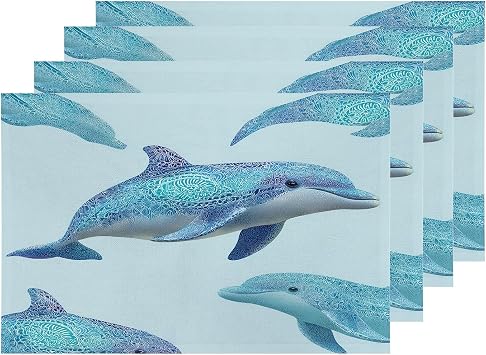Shrahala Cute Dolphin Set of 4 12 X 18 Inch Linen Placemats, Decorated Blue Dolphins Burlap Table Mat Washable Double Layered Heat Insulation for Indoor/Outdoor
