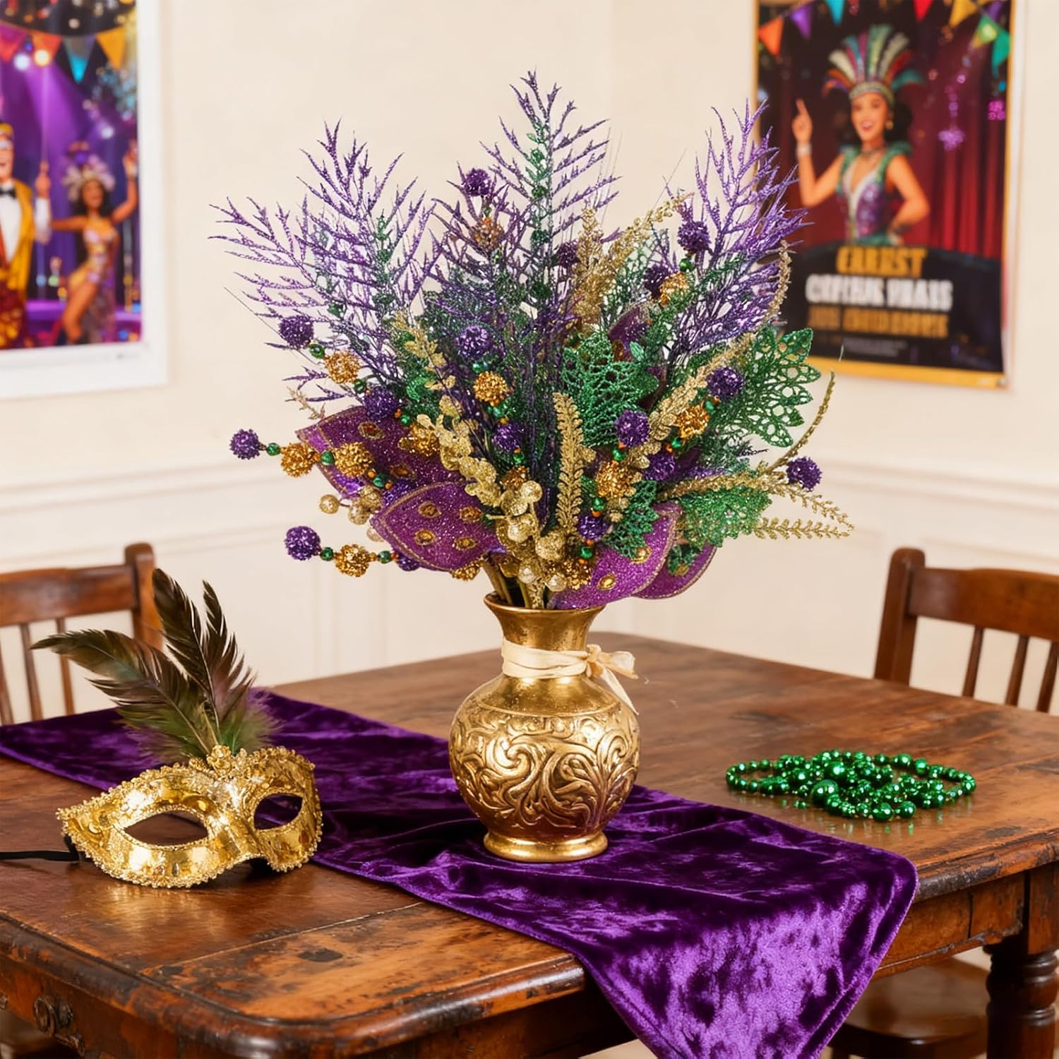 6 PCS Mardi Gras Picks Decoration, 19 Inch Large Glitter Purple Green Gold Floral Pick for Vase Filler, Table Centerpieces, Tree & Wreath DIY, Carnival Picks and Sprays Decor
