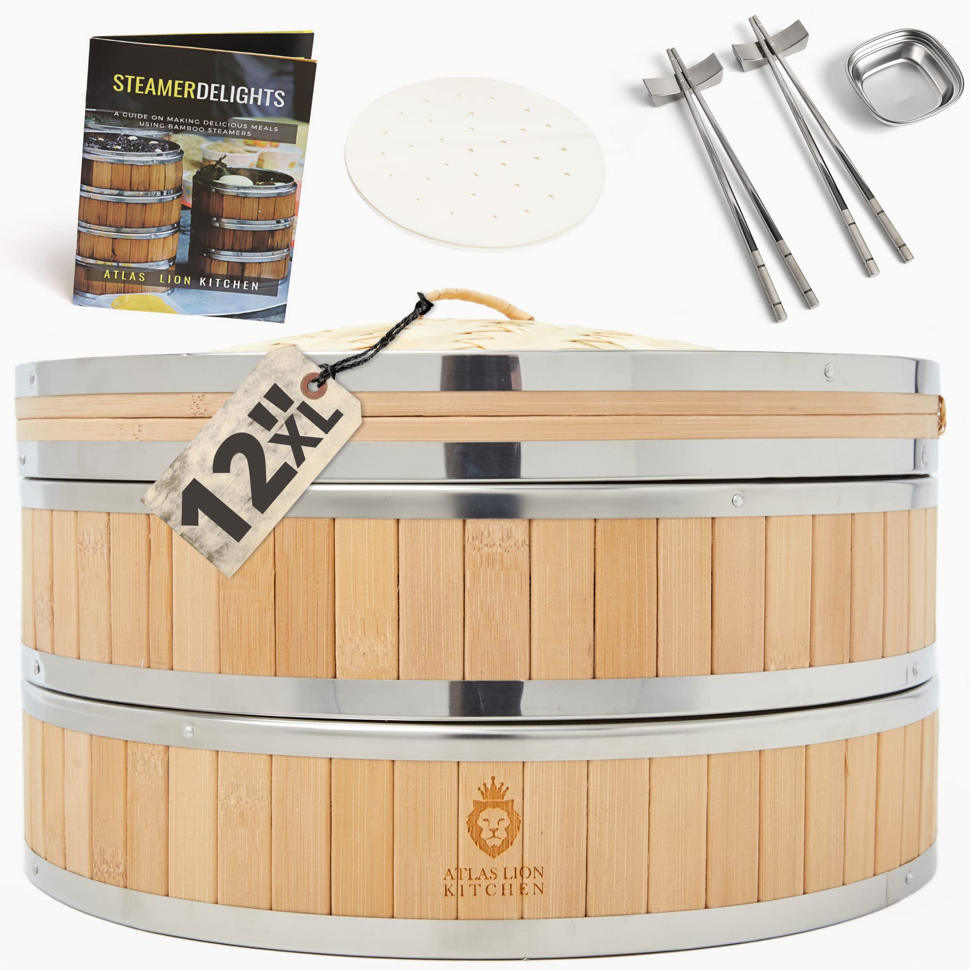 Bamboo Steamer 12 inch, Chinese Steamer Set For Steamer Cooking With 2 Steamer Baskets, 2 Pairs of Chopsticks, Sauce Holder, 20 Liners, Recipe Book | Steamer Bamboo Cooking Gift Set
