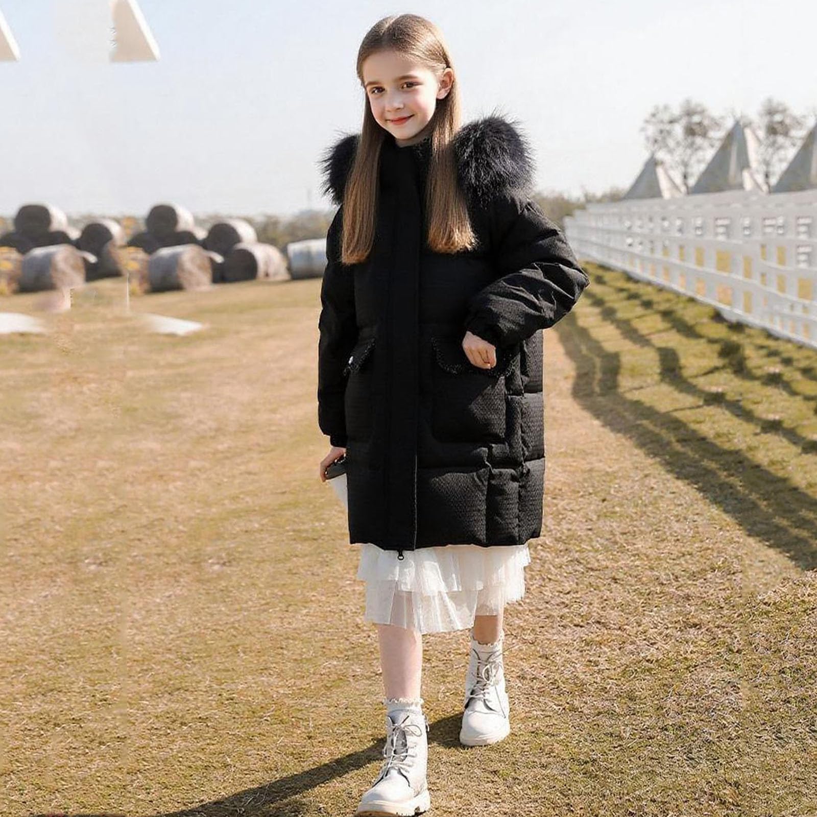 Chaquetas de plumón para niñas adolescentes con ribete de piel sintética con capucha, chaqueta acolchada gruesa, abrigo básico de color sólido, abrigo largo cómodo y cálido, abrigos térmicos