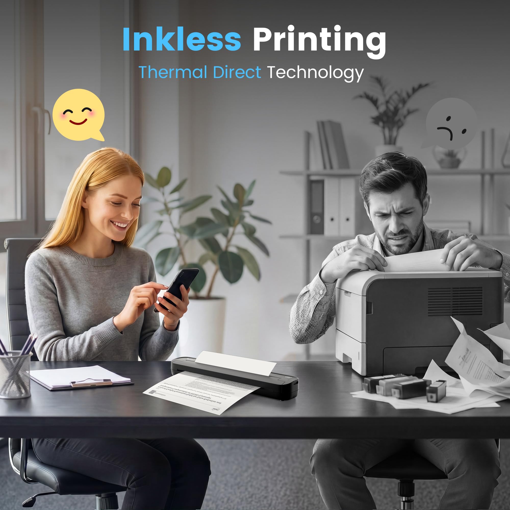 Thermodrucker A4, Mobiler Bluetooth Drucker Tintenlos, Tragbarer Reisedrucker kompatibel mit iOS Android PC, unterstützt A4 B5 Letter Formate, für Büro, Unterwegs & Tattoo Stencil (Schwarz)
