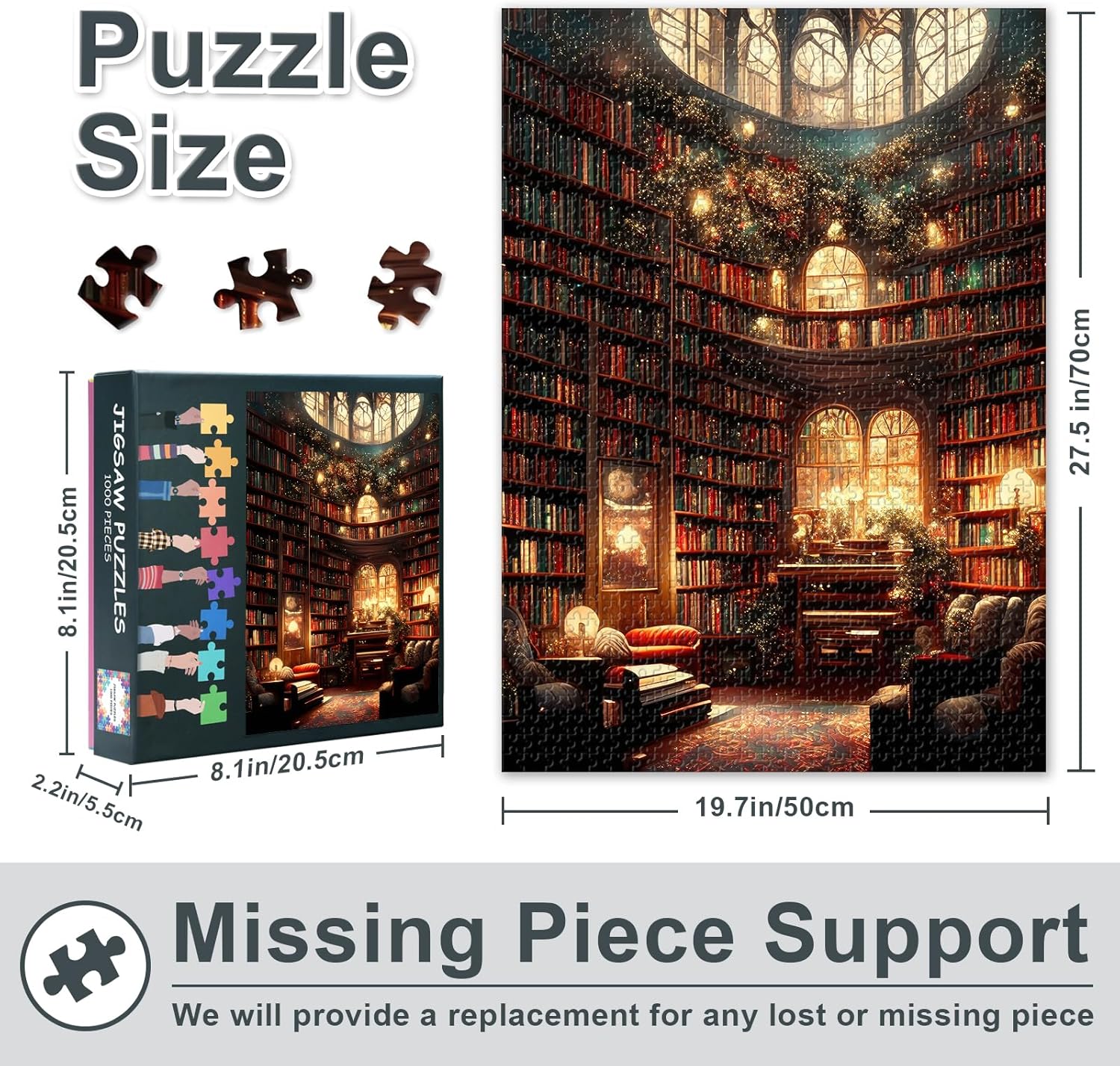 Luxury Library Jigsaw Puzzles for Adults 1000 Pieces Difficult Challenge Bookshelf Puzzles for Family Game Books and Christmas Tree Jigsaw Puzzle for Adults House Wall Decor 27.5"X19.7"