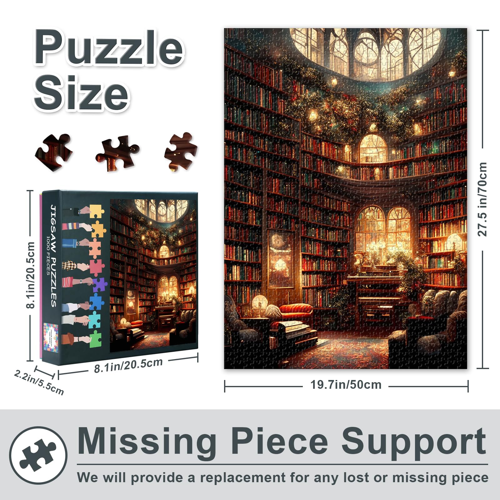 Luxury Library Jigsaw Puzzles for Adults 1000 Pieces Difficult Challenge Bookshelf Puzzles for Family Game Books and Christmas Tree Jigsaw Puzzle for Adults House Wall Decor 27.5"X19.7" - Image 3