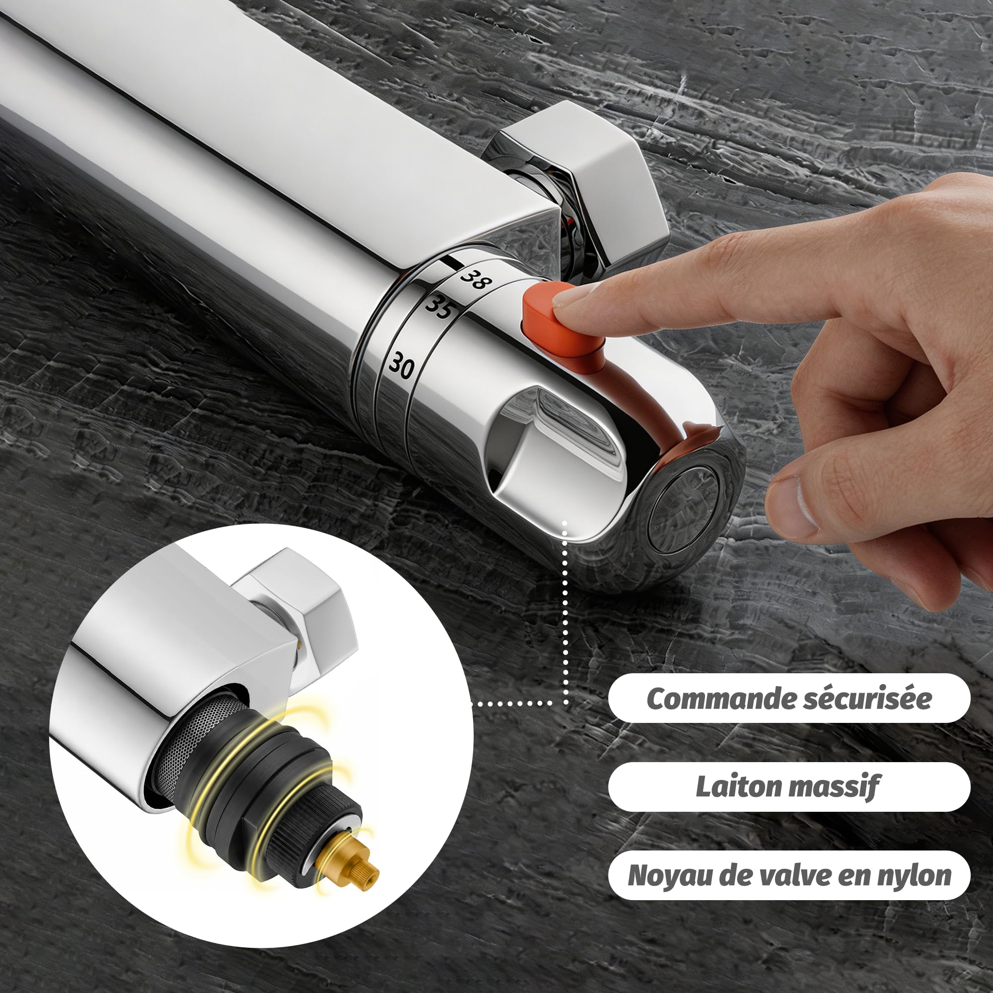 Mitigeur Thermostatique douche,Mitigeur Douche,Robinet de douche avec arrêt de sécurité à 38°C,Laiton,Chromé