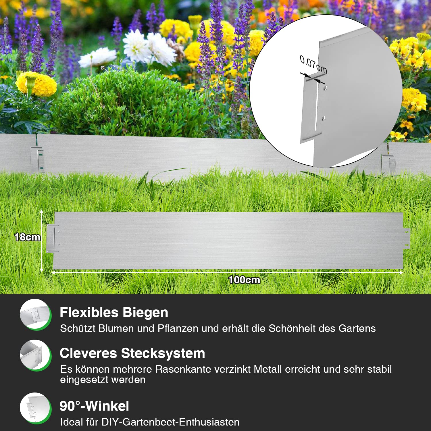 Bordure de pelouse en métal 10m - 10 pièces Bordure de Tonte, galvanisée Clôture de Jardin Bordure de Parterre Longueur par Bande 10m - Hauteur 18cm, Argent