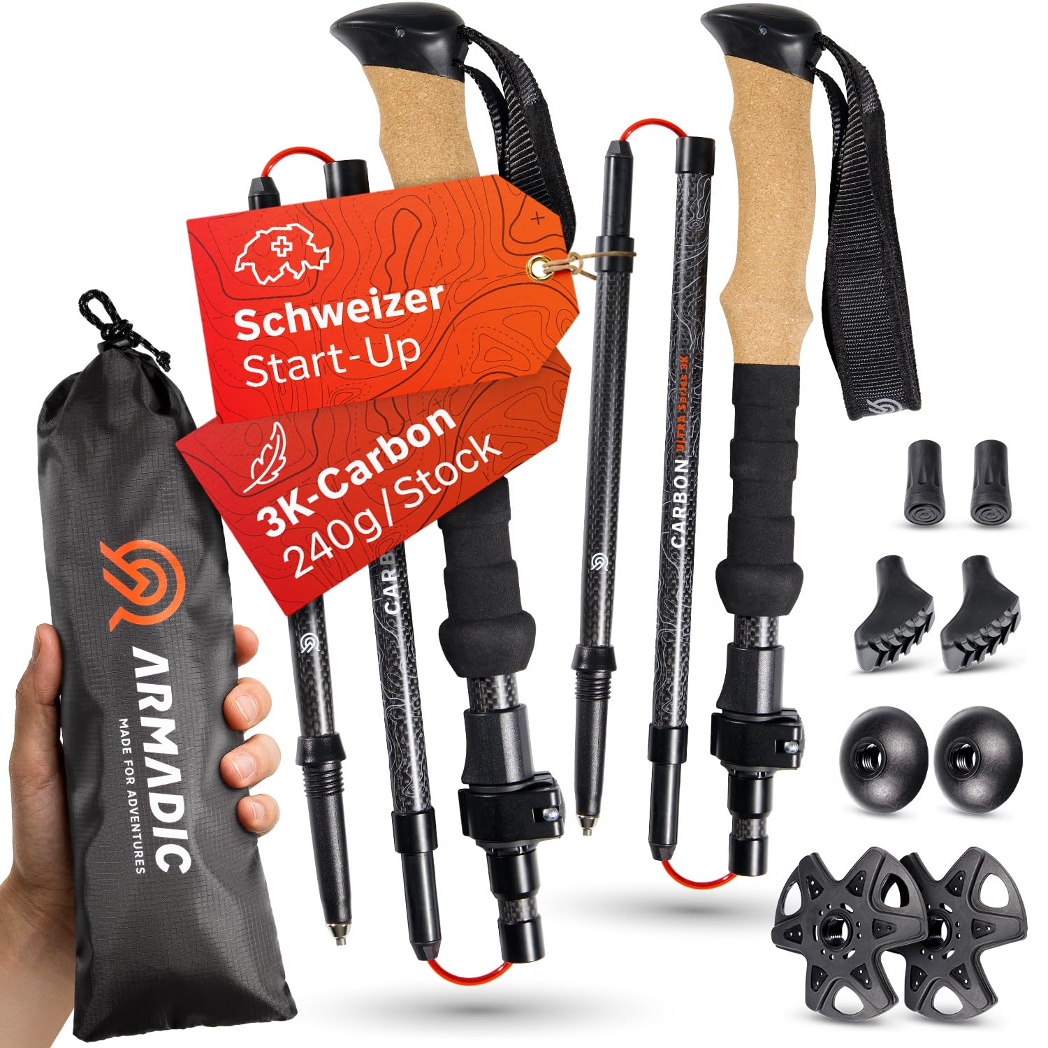 Bâtons de randonnée pliables en carbone et aluminium (seulement 240 g/295 g) avec poignée en liège | Bâtons de trekking ultra légers et réglables en continu pour la marche nordique, 115-135 cm/100-120 cm, pour homme et femme