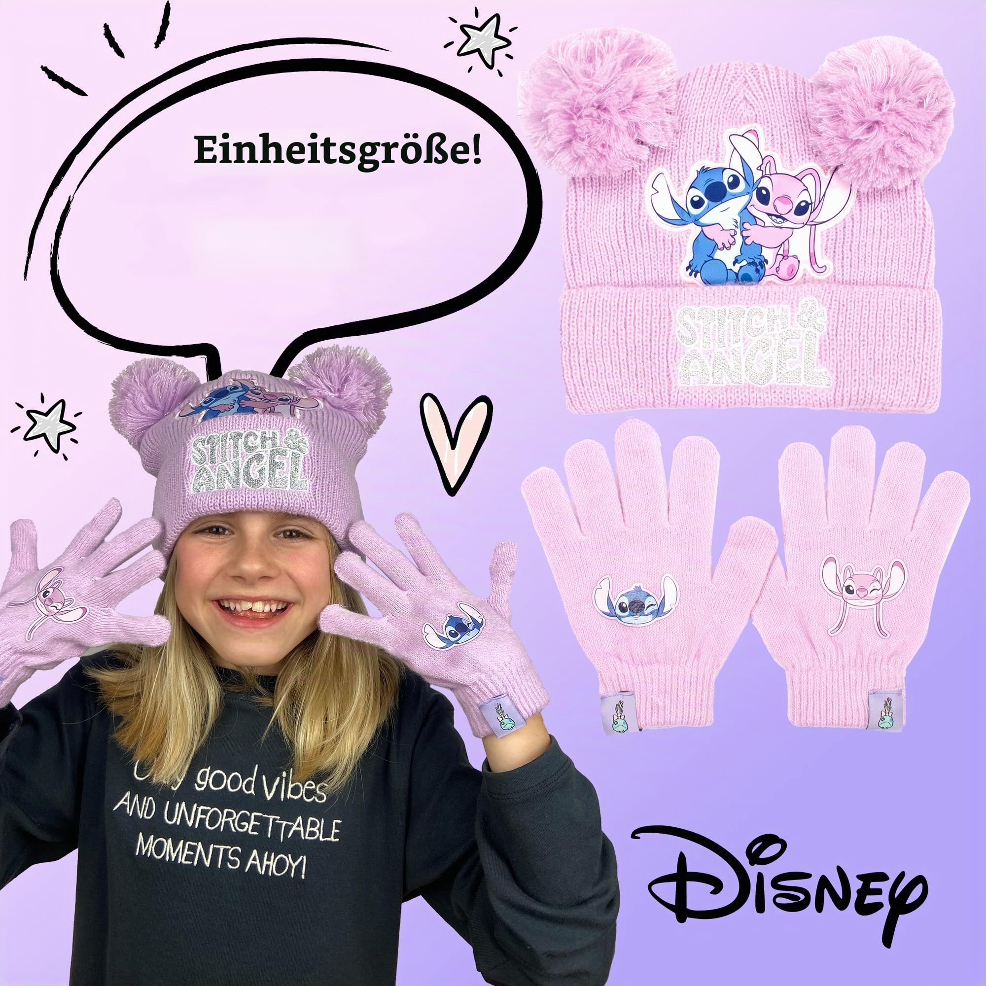 Disney Lilo & Stitch Wintermütze & Handschuhe Set für Mädchen - Warme & Kuschelige Beanie Mütze & Handschuhe - Perfekt für Kinder im Alter von 6-12 Jahren