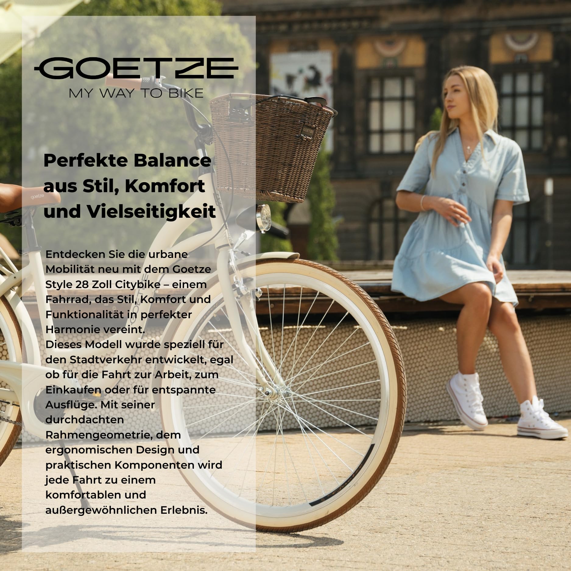 Goetze Style Damen Citybike 28 Zoll, Retro Fahrrad mit 3-Gang | Tiefeinsteiger, Shimano Nexus Nabenschaltung mit Rücktritt, LED-Beleuchtung, Rattankorb, Gepäckträger und Klingel