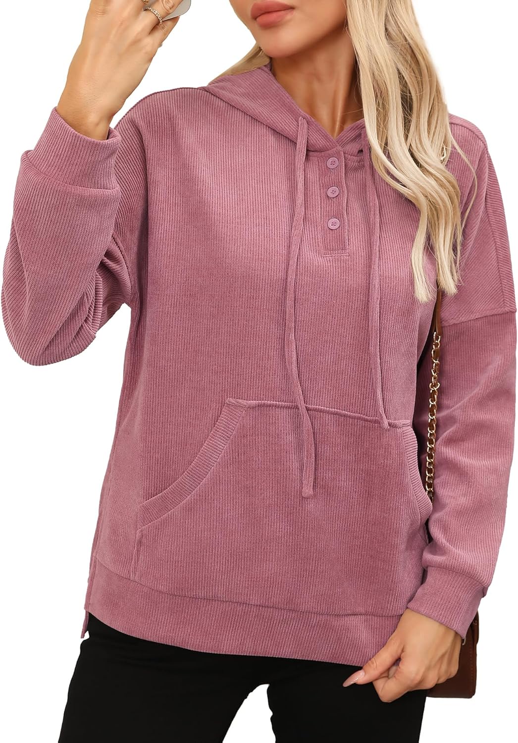 LILBETTER Womens Long Sleeve Pullover Hoodies Drawstring Sweatshirt Fall Knit Ribbed Tops with Pocket