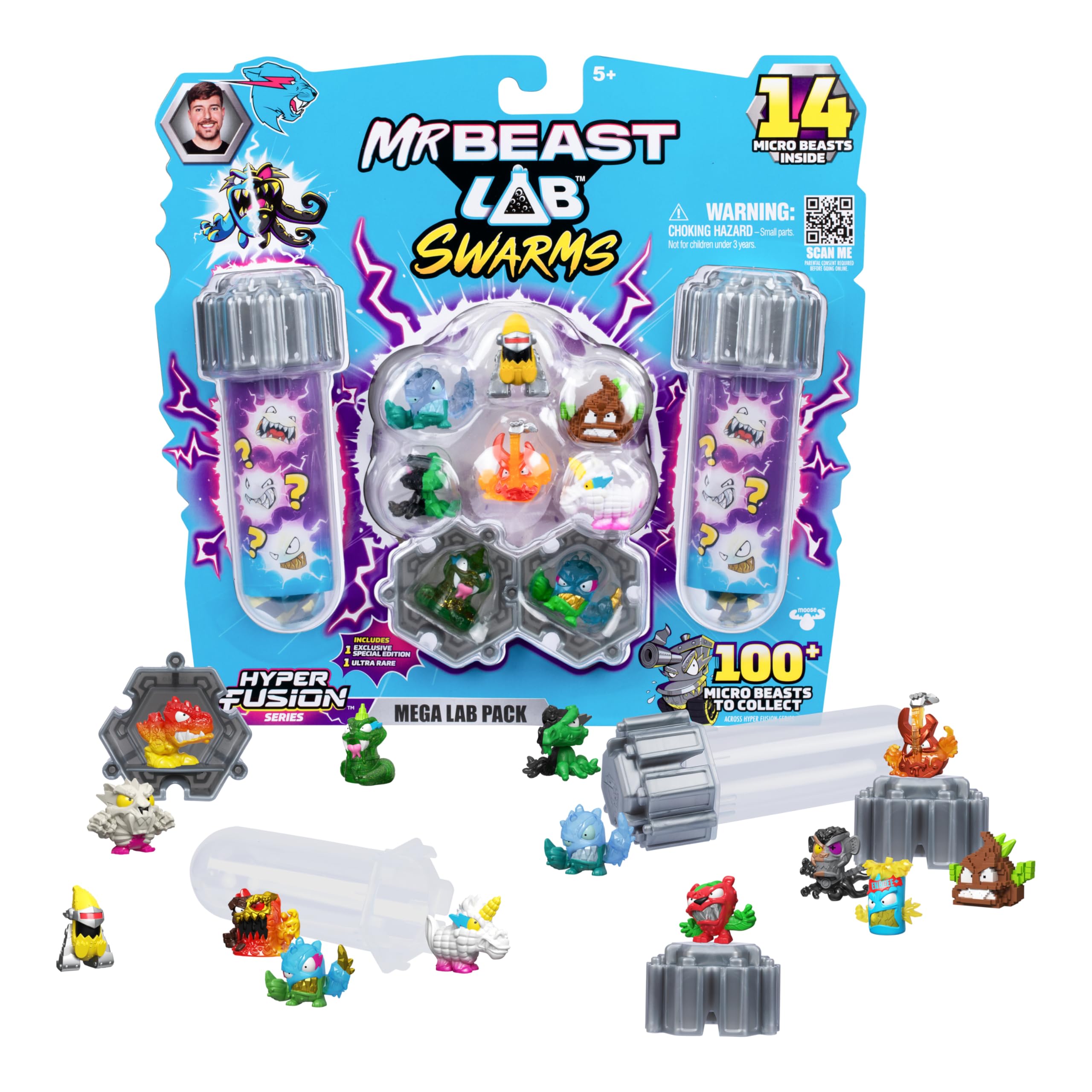 MrBeast Lab Swarms Series 3, Hyper Fusion Series, 14 Pack Collectible Micro Beasts, 14 Collectible Stickers & 4 Fusion Caps to Build Out Your Own