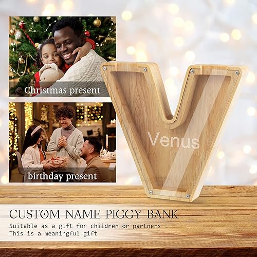 Miniatura 5 de Wooden Piggy Bank Personalized 26 English Alphabet Letter Coin Bank Custom Money Box Wooden Piggy Bank Gift for Kids Christmas Birthday Gift Home