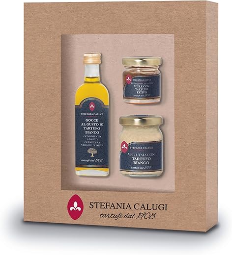 Stefania Calugi Truffles Gift Box – White Truffle Olive Oil 60 ml – Truffle Honey 40 g – Velvety with Truffle 50 g – Typical Products – Made in Italy