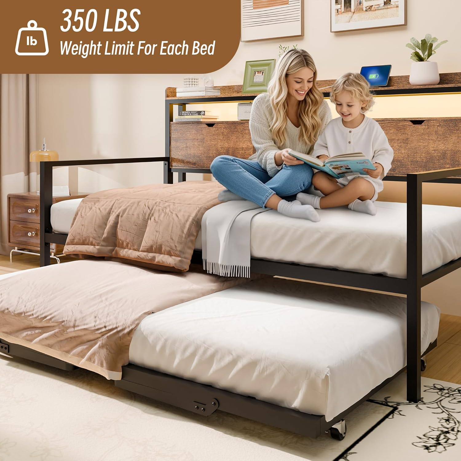 A parent and child sitting on the TOLEAD Daybed, illustrating the 350 lbs weight limit per bed.