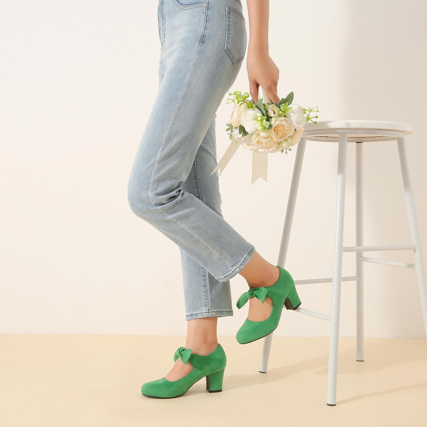 Women's Bow Mary Jane Low Block Chunky Heels Pumps Closed Round Toe Low Heels Ankle Strap Wedding Dress Evening Party Shoes - Image 3