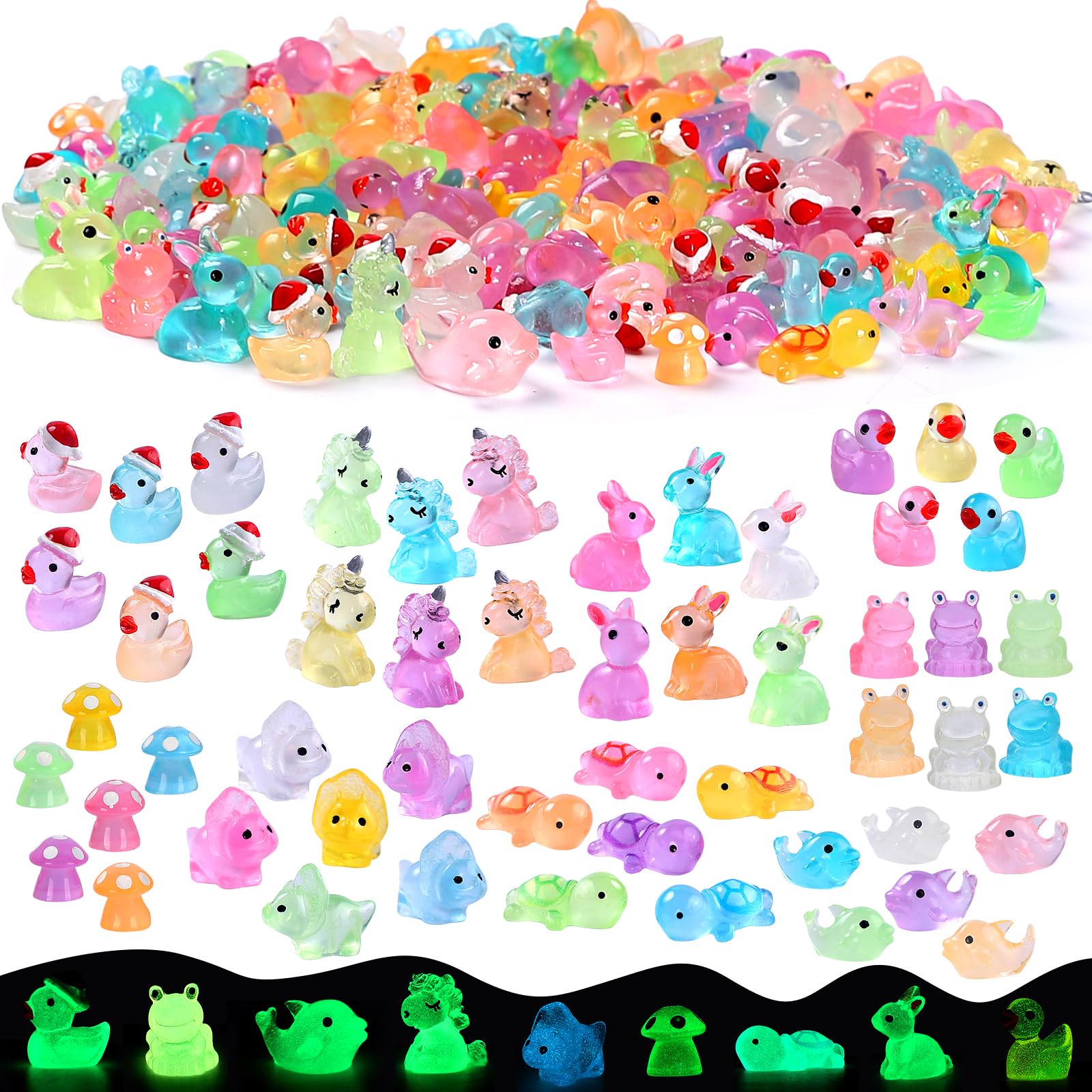 EKisemio 150pcs Mini Luminous Resin Animals, Multiple Styles Little Plastic Animal Miniature Figures Small Glass Animals Glow in the Dark Set for Micro Landscape Fairy Aquarium Dollhouse Decor
