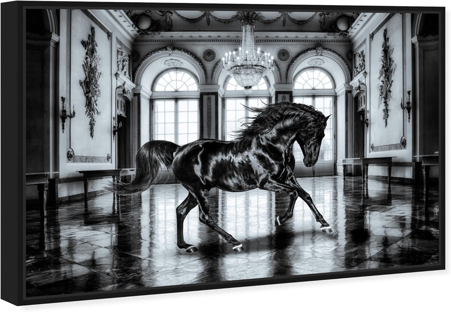 The Oliver Gal Artist Co. Country Glam Canvas, 54" x 36", Black Frame, Elegant Black Ballroom Horse