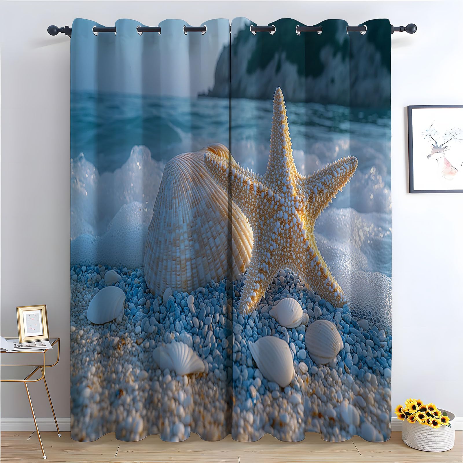 TERUEA Curtains Polyester Pebble beach closeup large seashell soft ocean Farmhouse Flower Print Decorative Grommet Window Drapes Blackout Curtains for Bedroom-52 W x 84" L (Pack of 2)