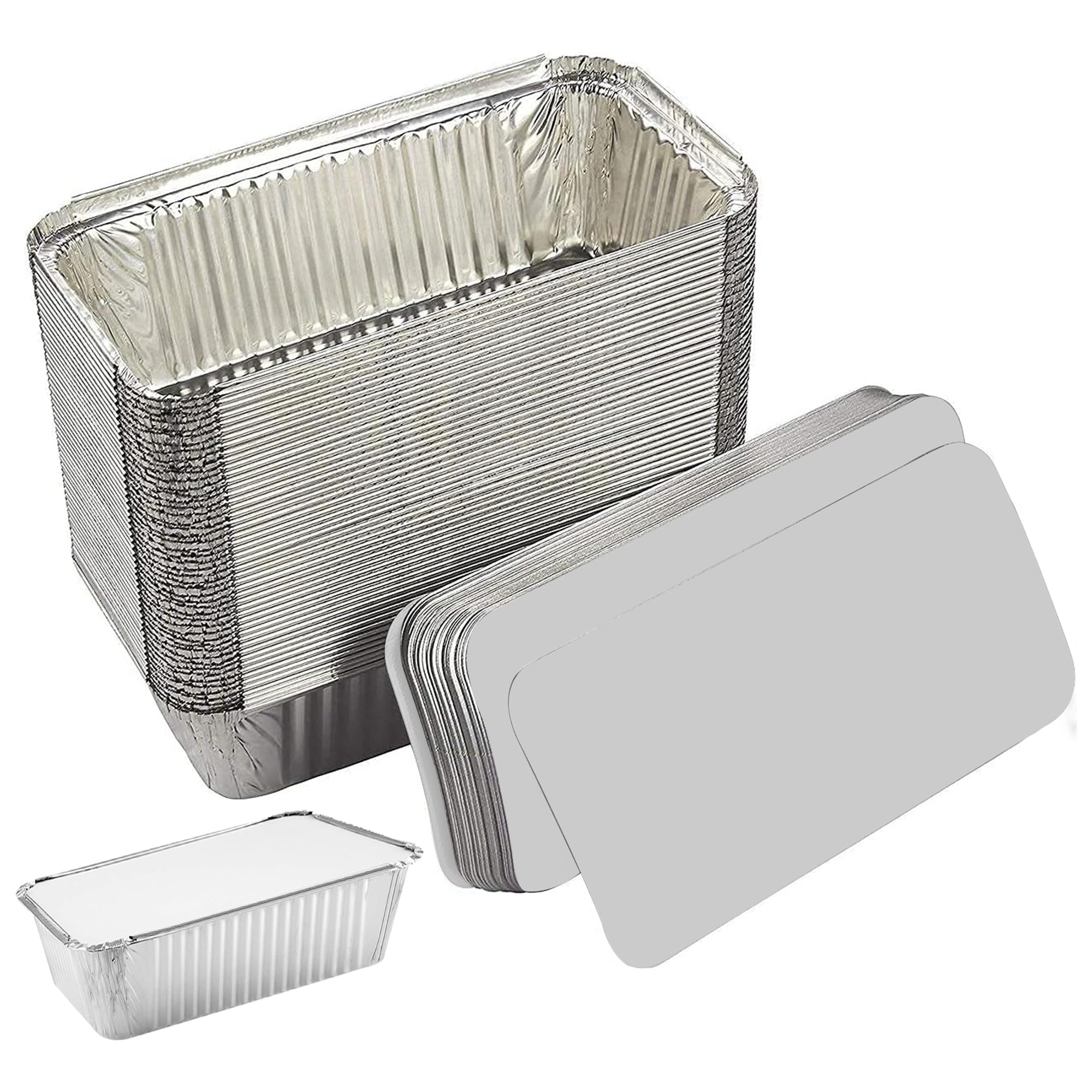 Hifen Silver Large 6A Aluminium Disposable Roasting Trays 600Ml Tin Foil Containers With Lids For Food Storage, Meal Prep,Takeaway, Roasting, Air Fryer, Bbq & Party Use Large Foil Trays With Lids (Pack Of 50)