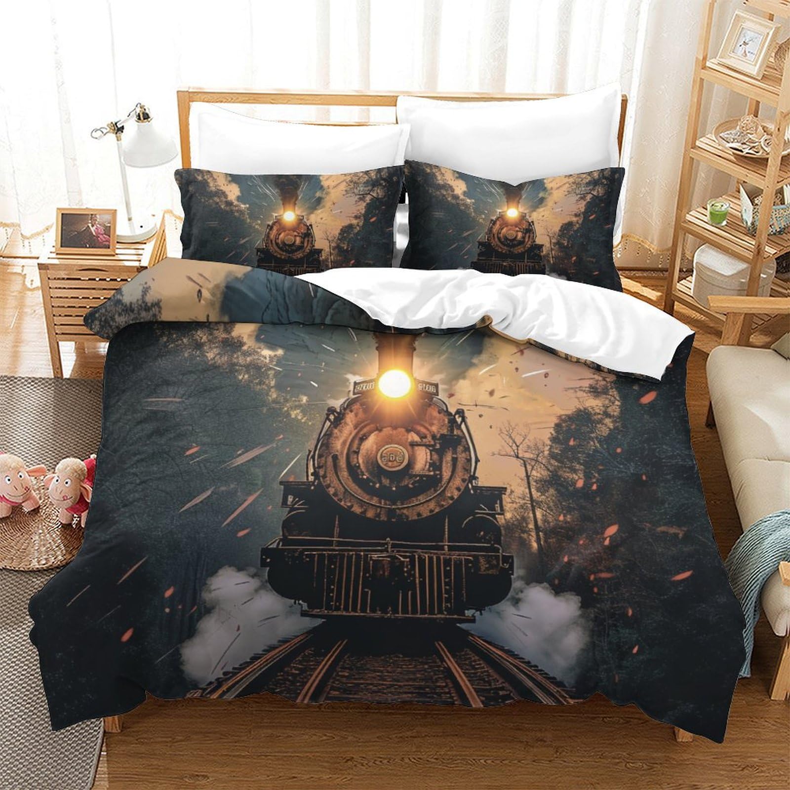 Housse de Couette Train à Vapeur Microfibre Douce pour Lit XXL Solution Sommeil Agité