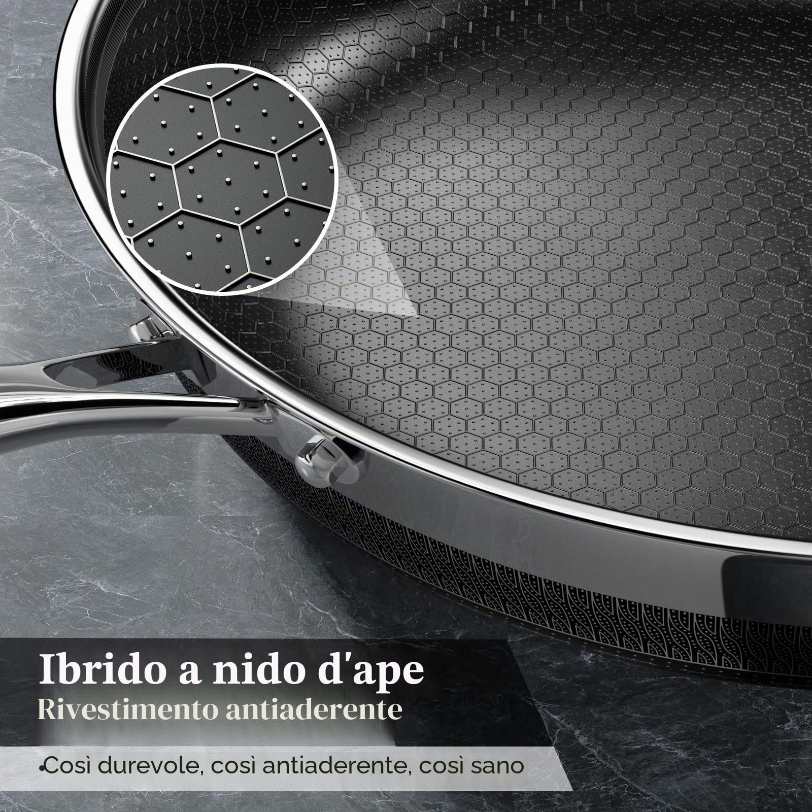 Innerwell Set di padelle Antiaderente 20 24 28 cm, 3 Pezzi Padella Acciaio Inox Induzione, Rivestimento a nido d'ape antigraffio, Padelle Adatte Per Forno, Universali Pentole, Senza PFOA