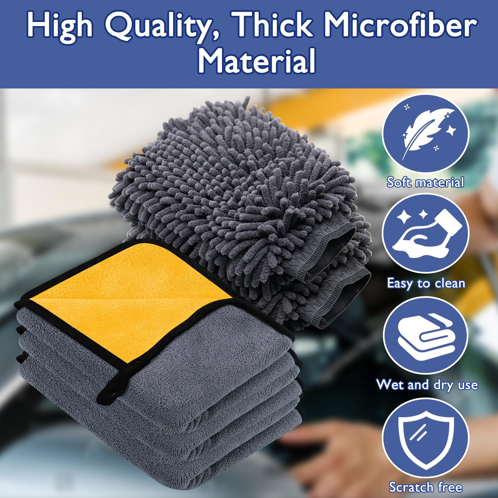 KALBIGRO Juego de 3 Piezas Bayeta Microfibra & 2 Piezas Manoplas de Secado Lavado, 600 g/m² Toalla Secado Coche para Secar Sin Arañazos y Pulir (40 x 30 cm) - 5