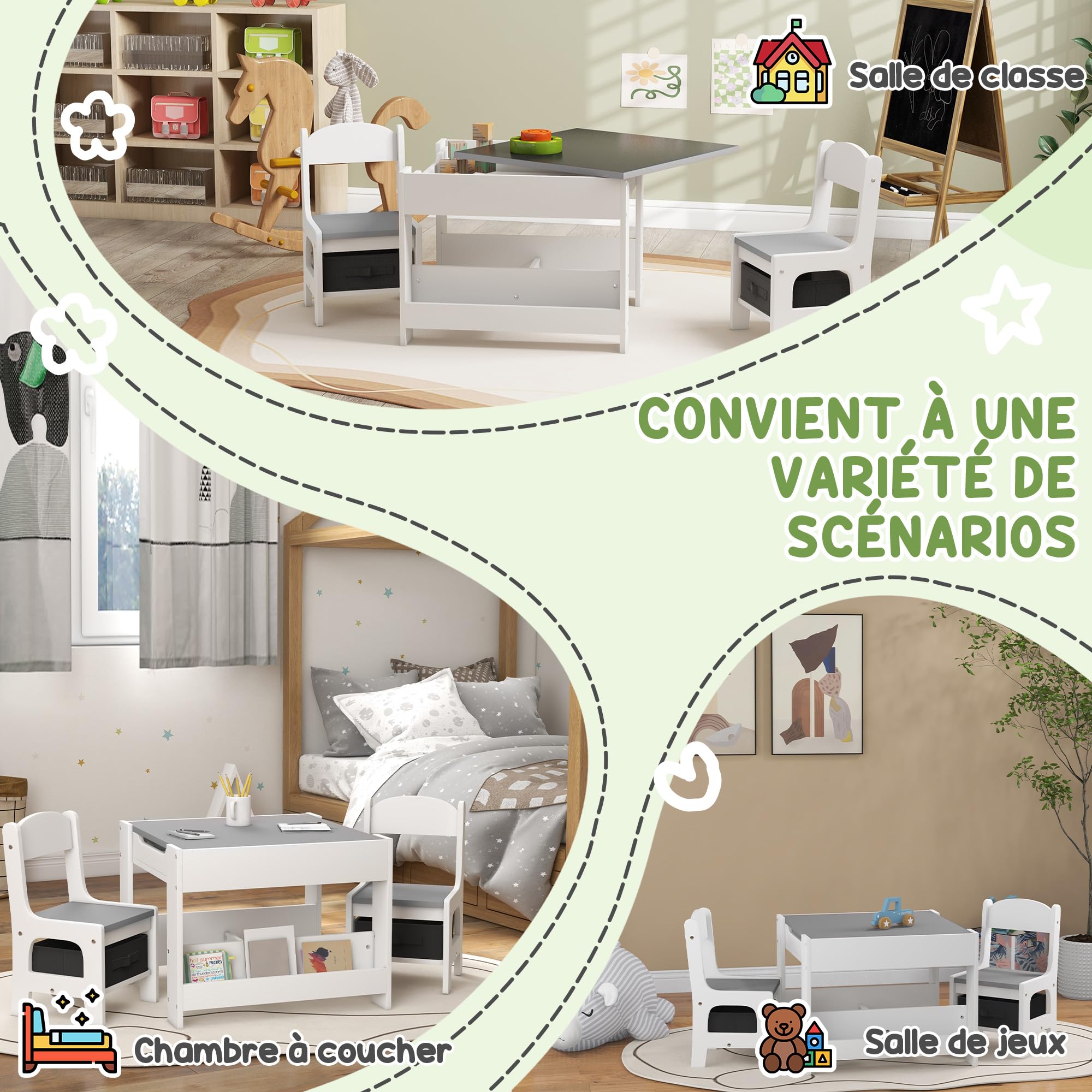 HOMCOM Ensemble 3 pièces Table et 2 chaises pour Enfant avec Plateau Table réversible Tableau Noir, Panier de Rangement, étagères Gris