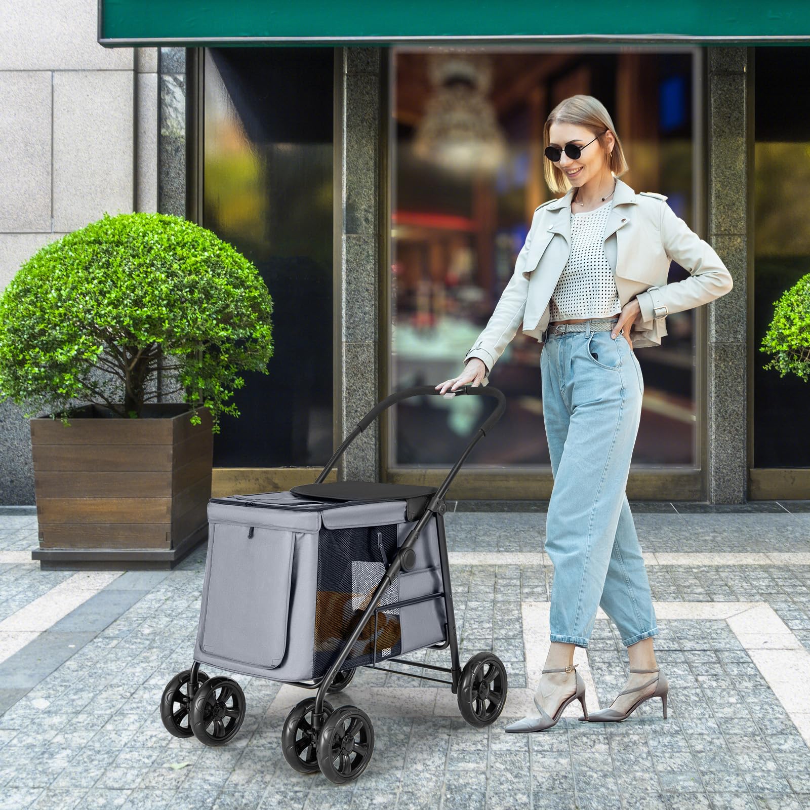 COSTWAY Hundewagen, Hundebuggy klappbar, bis 40 kg, Hundetrolley mit Kissen, Haustierwagen mit Netzfenstern & oberem Ablagefach & 2 Türen & Seitentaschen, Haustiere Buggy für Hunde Katzen (Grau)