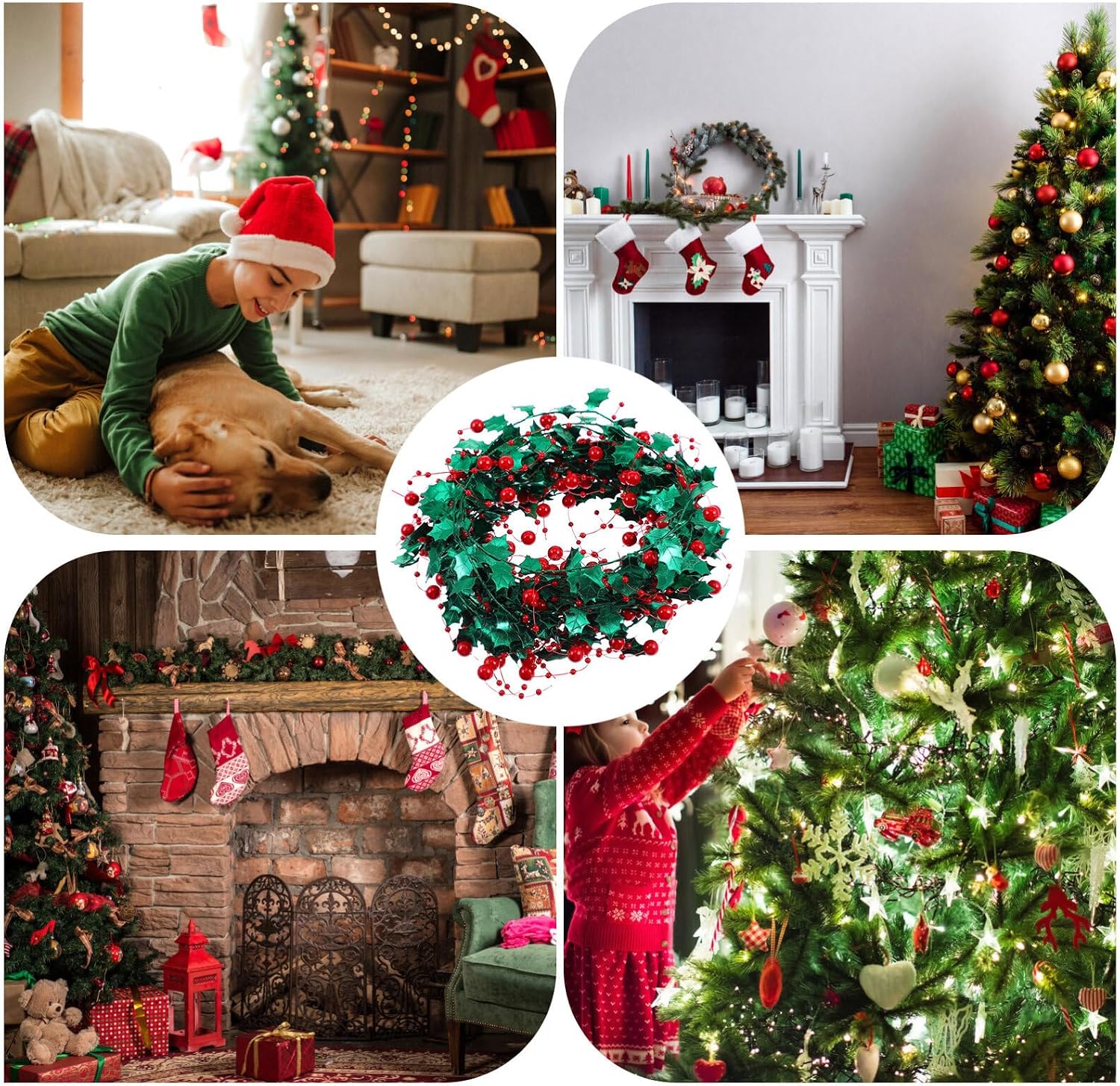 Veemoon 1 Roll Christmas Star Garland with Red Holly Berries 5M Green and Red Tinsel Wire Garland for Home Wedding Birthday Party Decorations