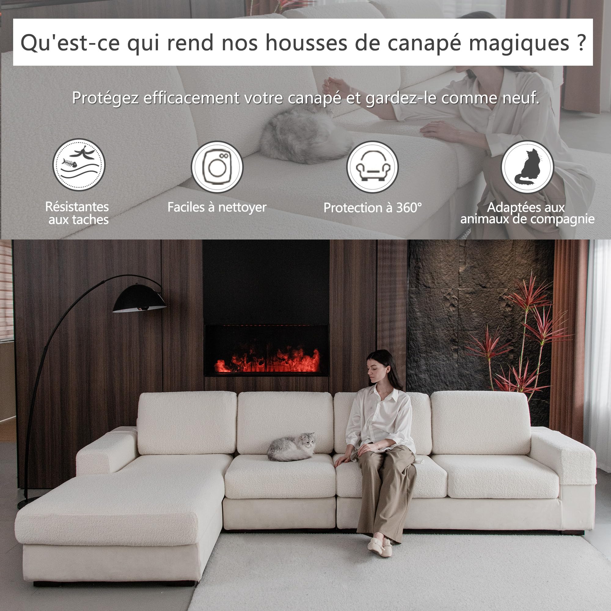 OHSIO Housse de canapé - Haute élasticité et antidérapante - Lavable et adaptée aux Animaux de Compagnie - Résistante - Ivoire - 2 Housses de siège S + 1 Housse de Chaise Longue