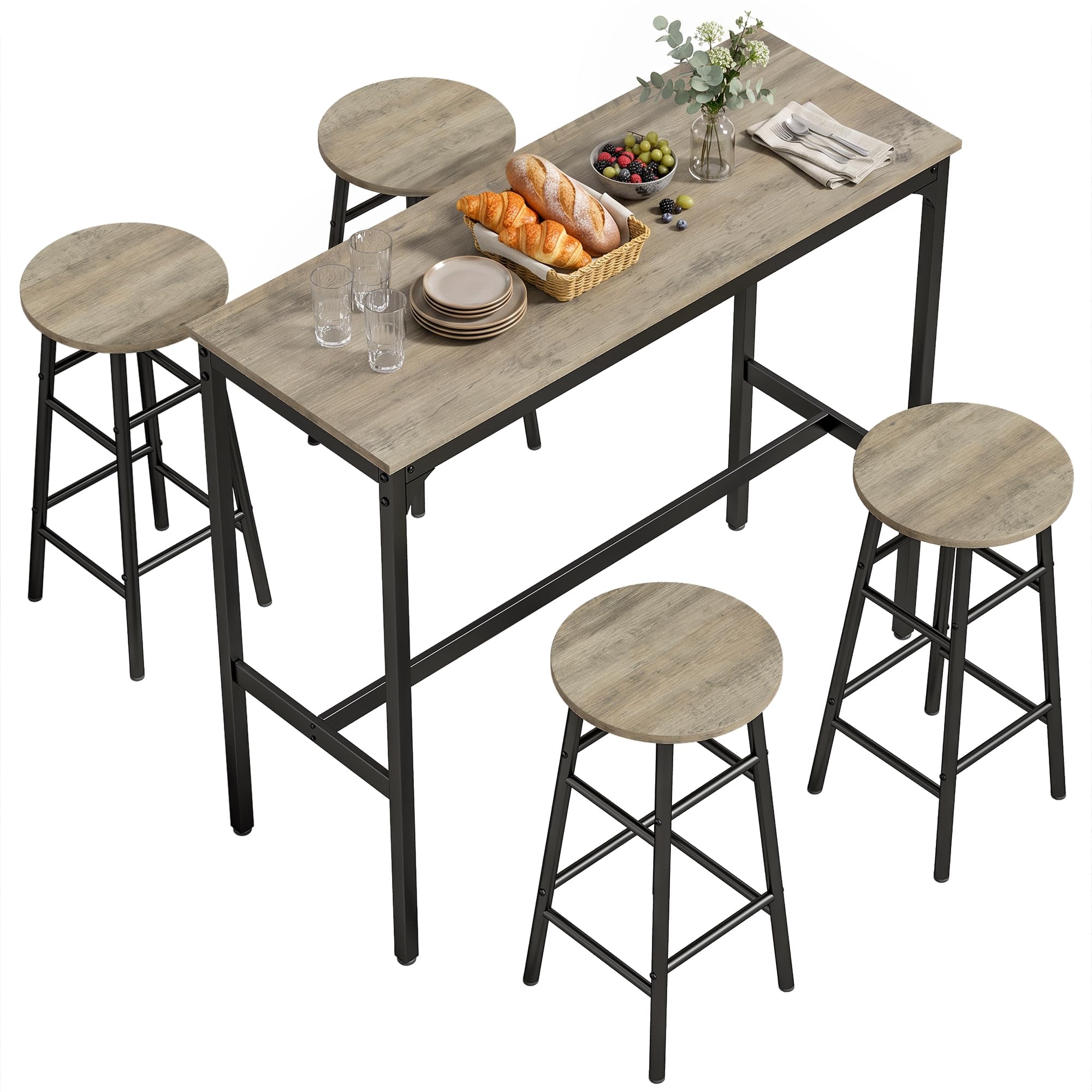 HOMCOM 5 Piece Bar Table Set with 4 Stools, Grey Wood Effect